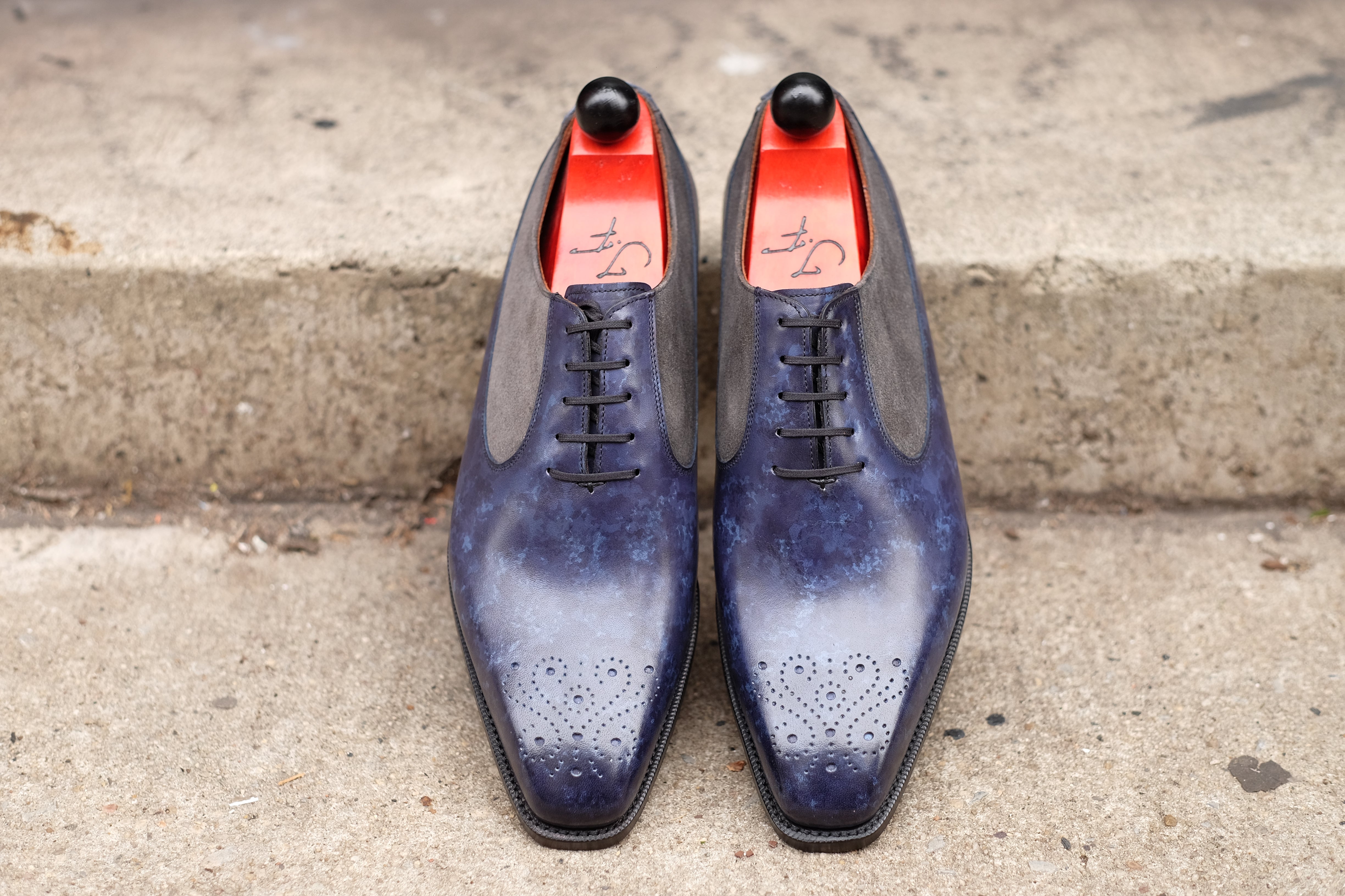 Tacoma - MTO - Navy Marble Patina/Mid Grey Suede - LPB Last - Single Leather Sole-Made To Order Medallion Swan Neck Oxfords-J.FitzPatrick Footwear