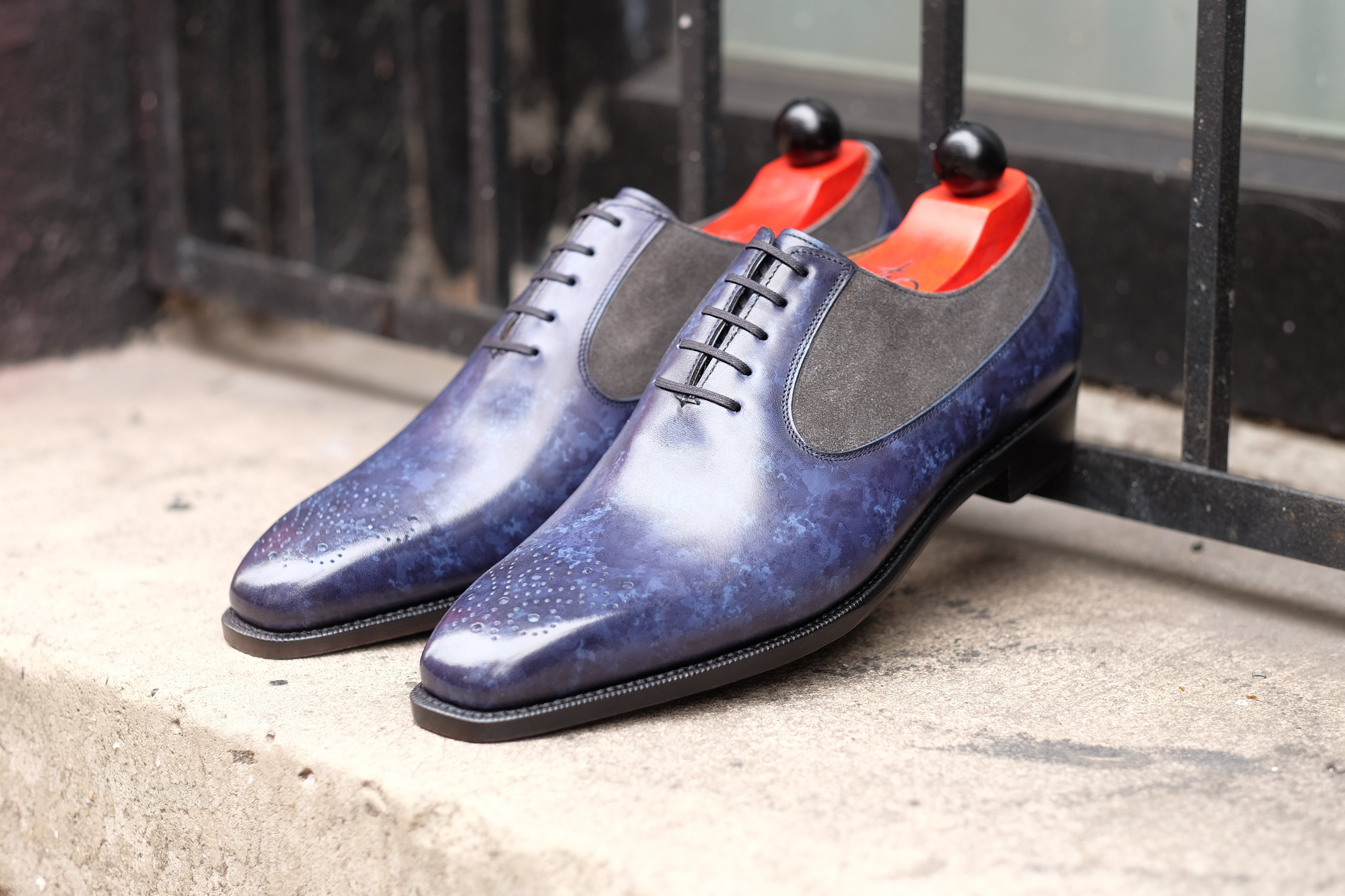 Tacoma - MTO - Navy Marble Patina/Mid Grey Suede - LPB Last - Single Leather Sole-Made To Order Medallion Swan Neck Oxfords-J.FitzPatrick Footwear