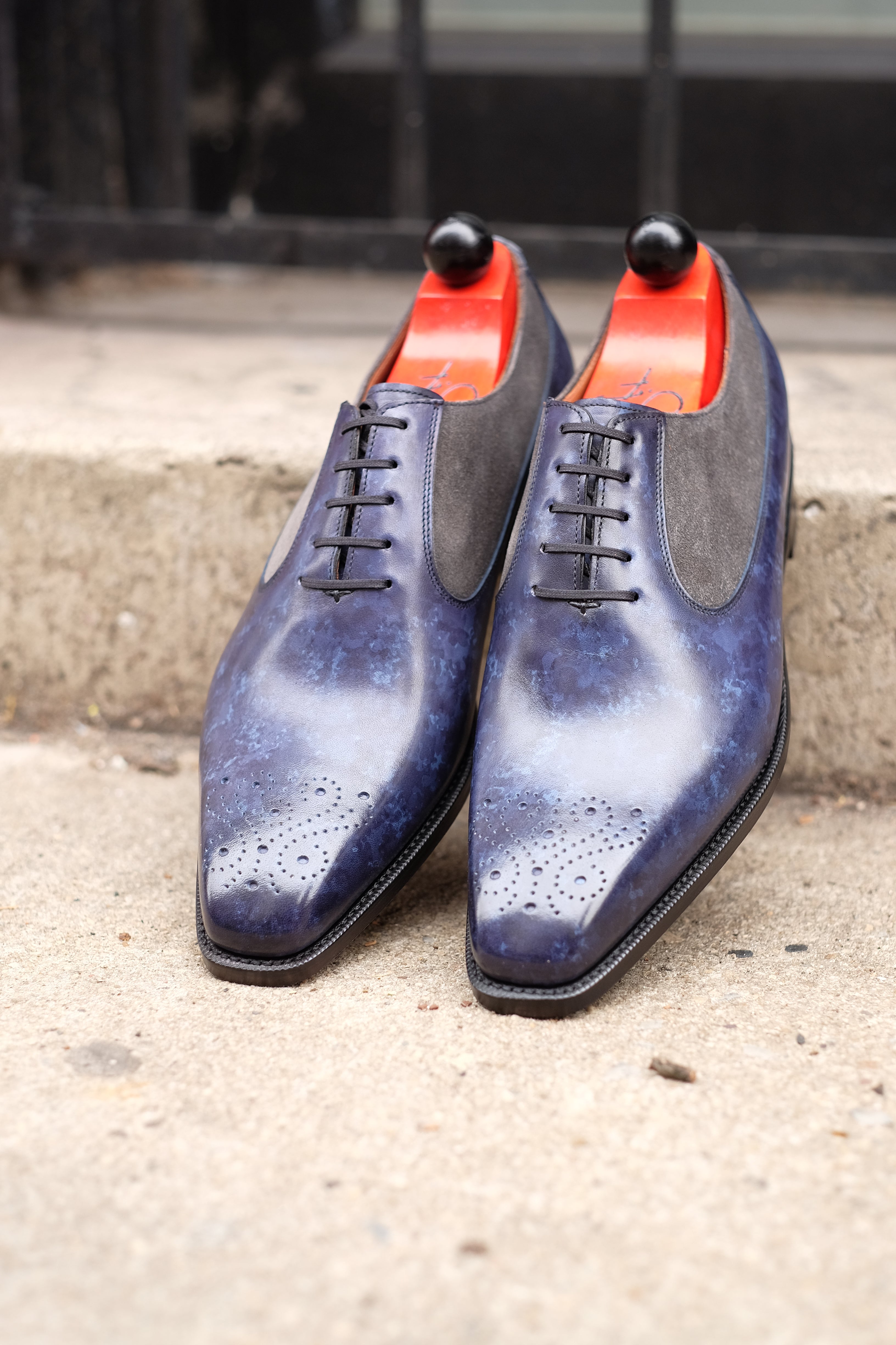 Tacoma - MTO - Navy Marble Patina/Mid Grey Suede - LPB Last - Single Leather Sole-Made To Order Medallion Swan Neck Oxfords-J.FitzPatrick Footwear