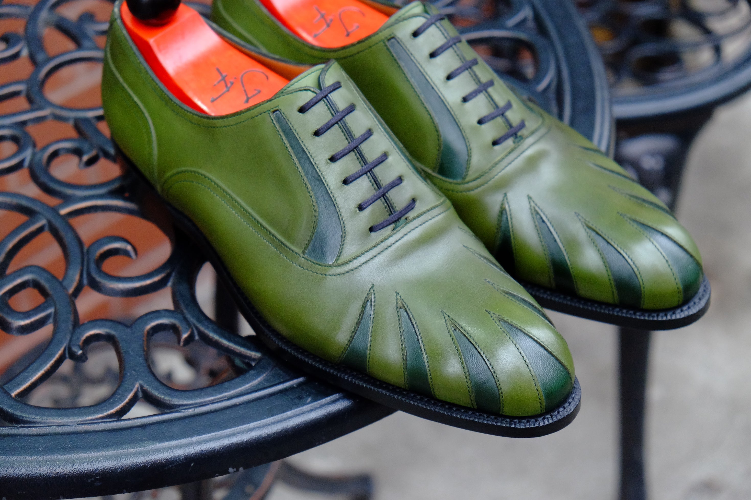 Tiger's Claw - MTO - Avocado Green Calf / Dark Green Calf - NGT Last - Single Leather Sole-Made To Order Split Toe Spectator Oxfords-J.FitzPatrick Footwear