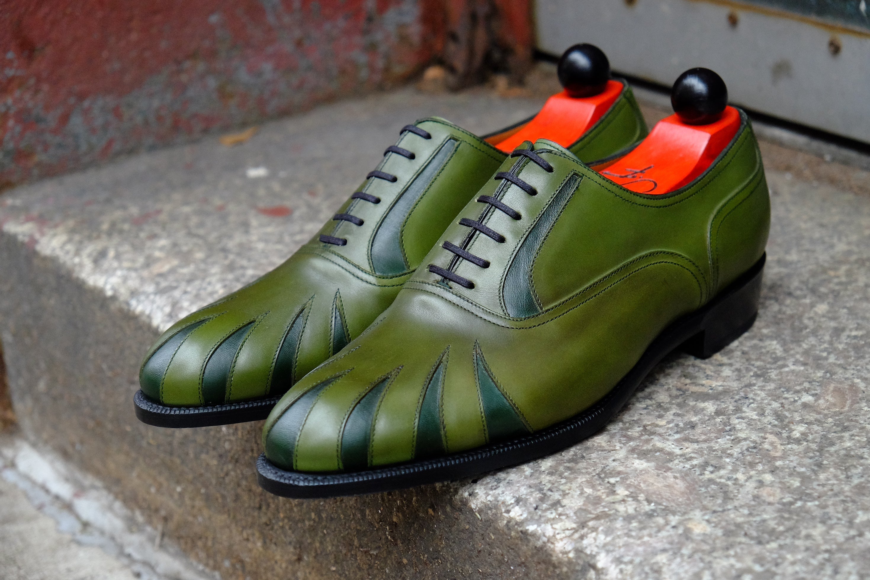 Tiger's Claw - MTO - Avocado Green Calf / Dark Green Calf - NGT Last - Single Leather Sole-Made To Order Split Toe Spectator Oxfords-J.FitzPatrick Footwear