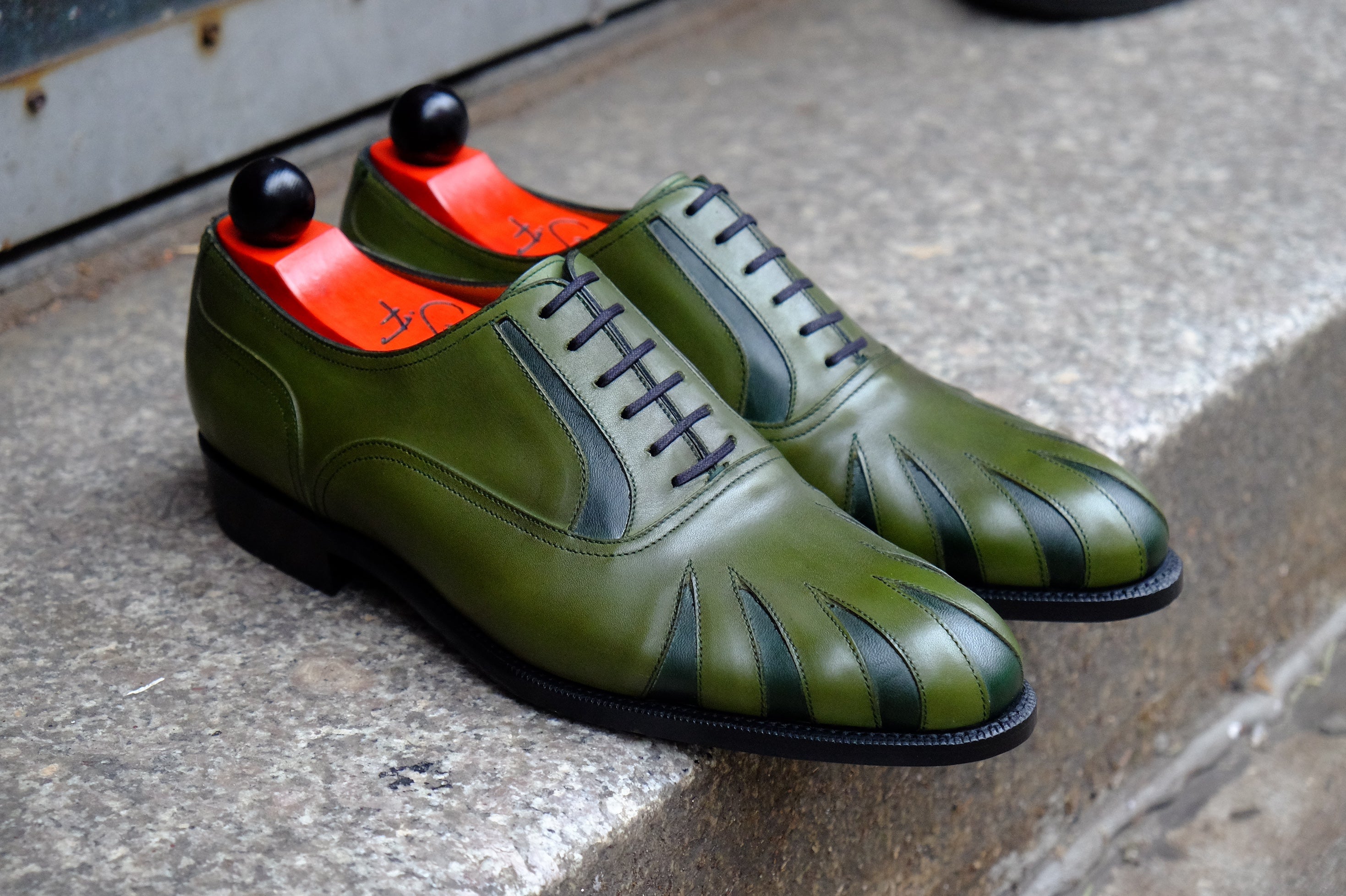 Tiger's Claw - MTO - Avocado Green Calf / Dark Green Calf - NGT Last - Single Leather Sole-Made To Order Split Toe Spectator Oxfords-J.FitzPatrick Footwear