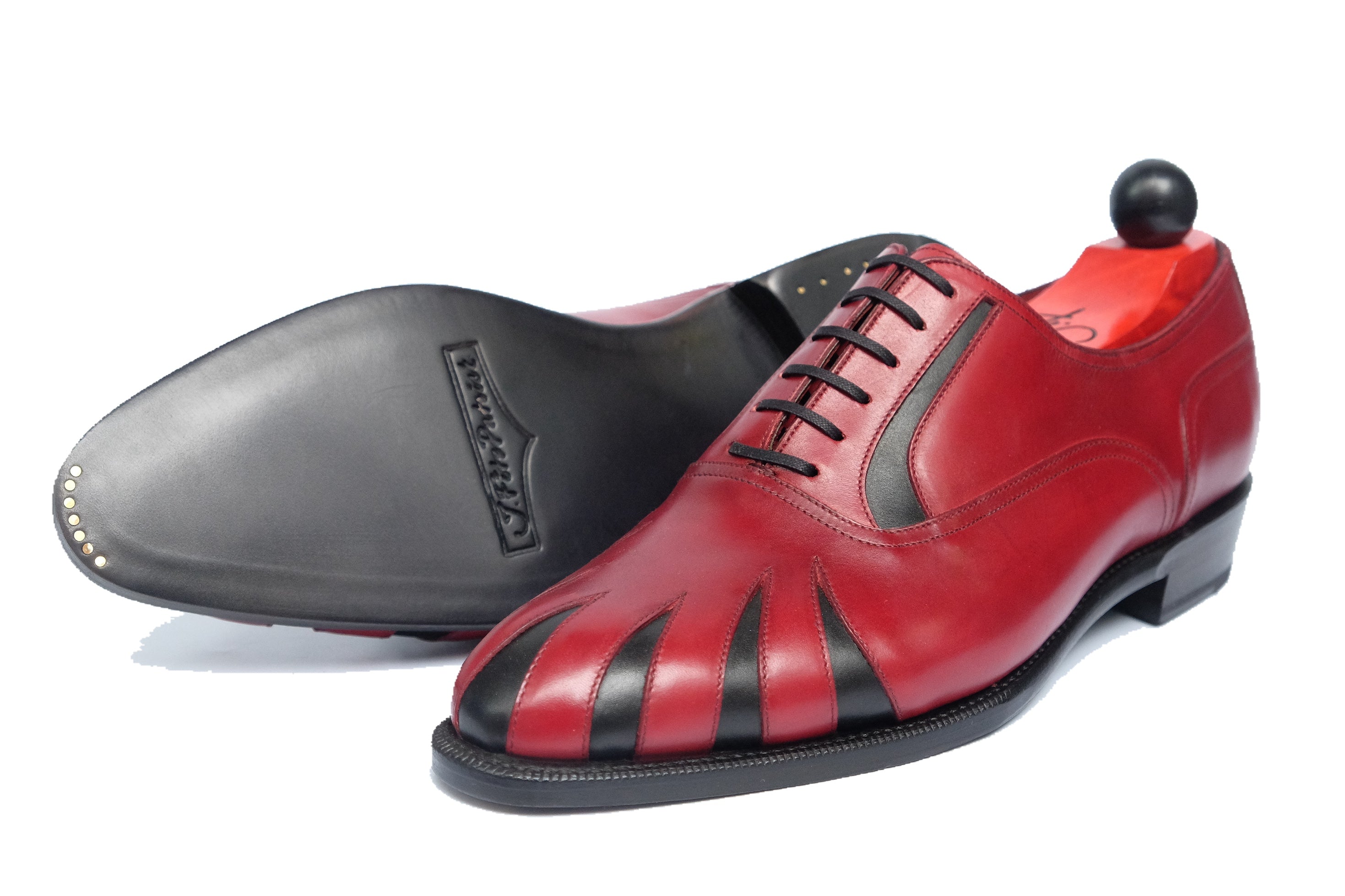 Tiger's Claw - MTO - Burgundy Calf / Black Calf - NGT Last - Single Leather Sole-Made To Order Split Toe Spectator Oxfords-J.FitzPatrick Footwear