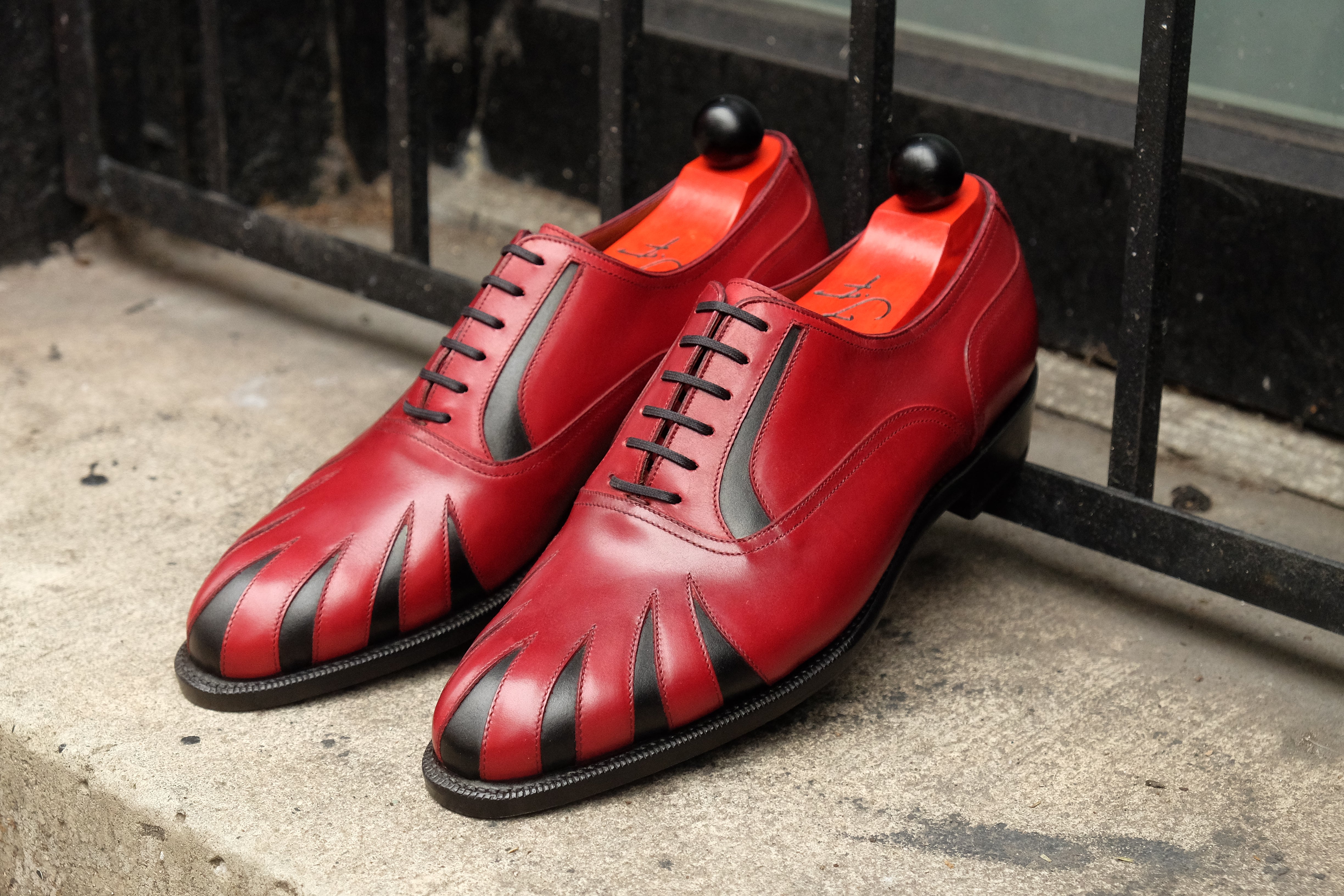 Tiger's Claw - MTO - Burgundy Calf / Black Calf - NGT Last - Single Leather Sole-Made To Order Split Toe Spectator Oxfords-J.FitzPatrick Footwear