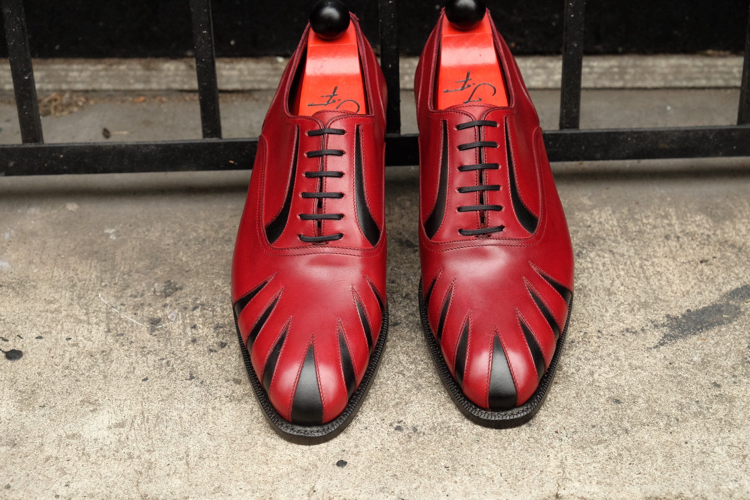 Tiger's Claw - MTO - Burgundy Calf / Black Calf - NGT Last - Single Leather Sole-Made To Order Split Toe Spectator Oxfords-J.FitzPatrick Footwear