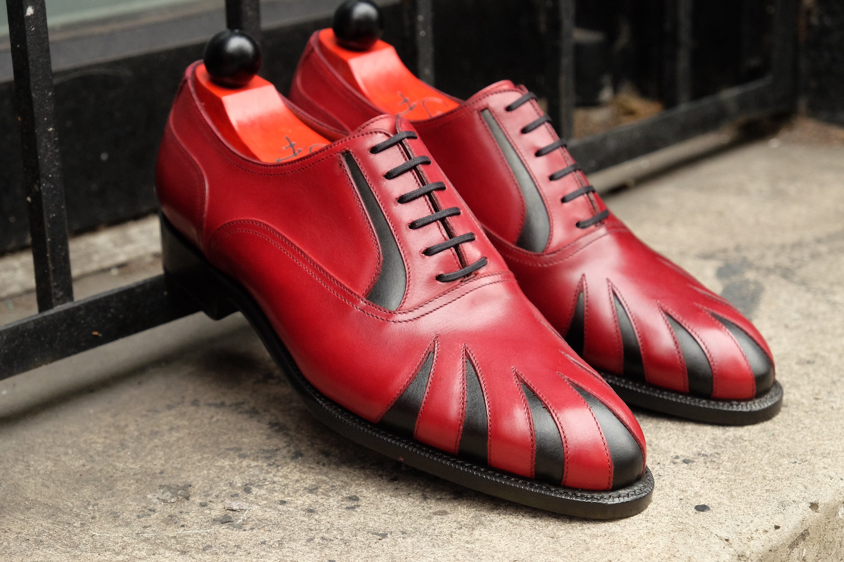 Tiger's Claw - MTO - Burgundy Calf / Black Calf - NGT Last - Single Leather Sole-Made To Order Split Toe Spectator Oxfords-J.FitzPatrick Footwear