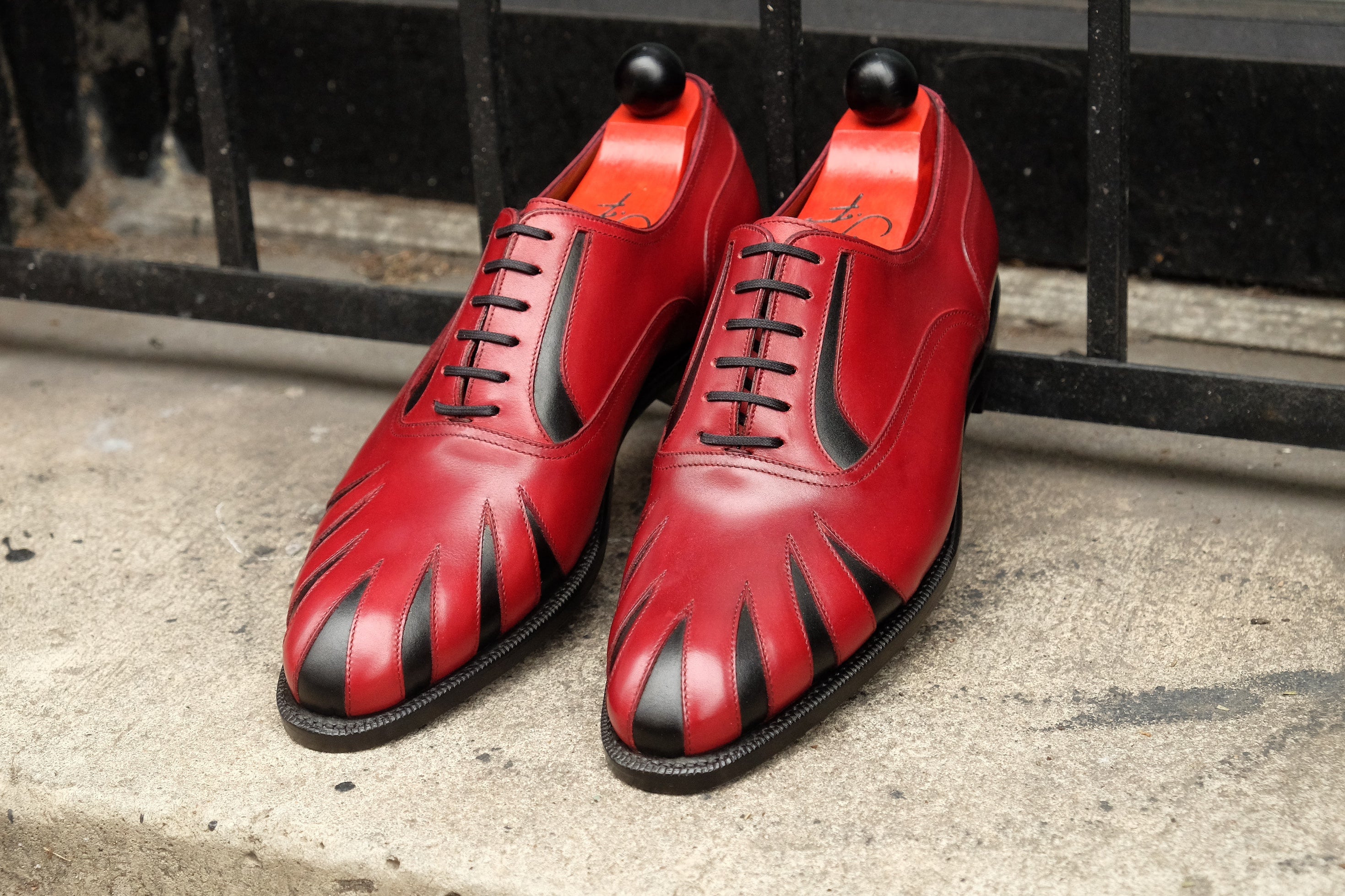 Tiger's Claw - MTO - Burgundy Calf / Black Calf - NGT Last - Single Leather Sole-Made To Order Split Toe Spectator Oxfords-J.FitzPatrick Footwear