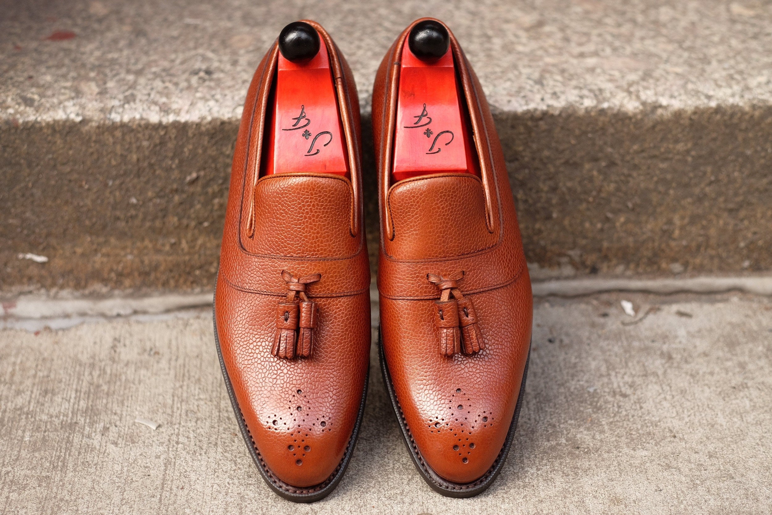 Walla Walla - MTO - Tan Grain - NGT Last - Single City Rubber Sole-Made To Order Tassel Strap Loafer Medallion-J.FitzPatrick Footwear