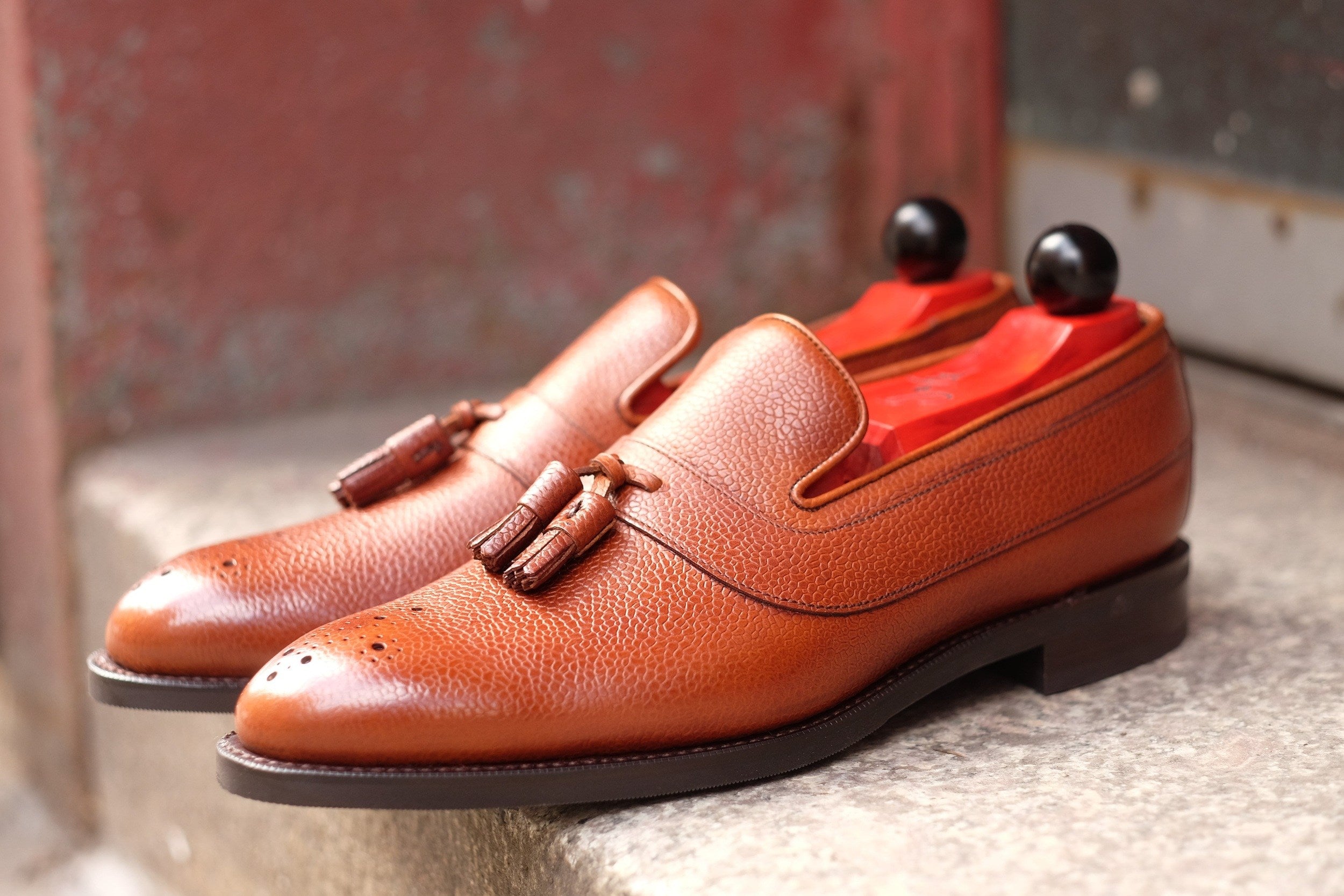 Walla Walla - MTO - Tan Grain - NGT Last - Single City Rubber Sole-Made To Order Tassel Strap Loafer Medallion-J.FitzPatrick Footwear