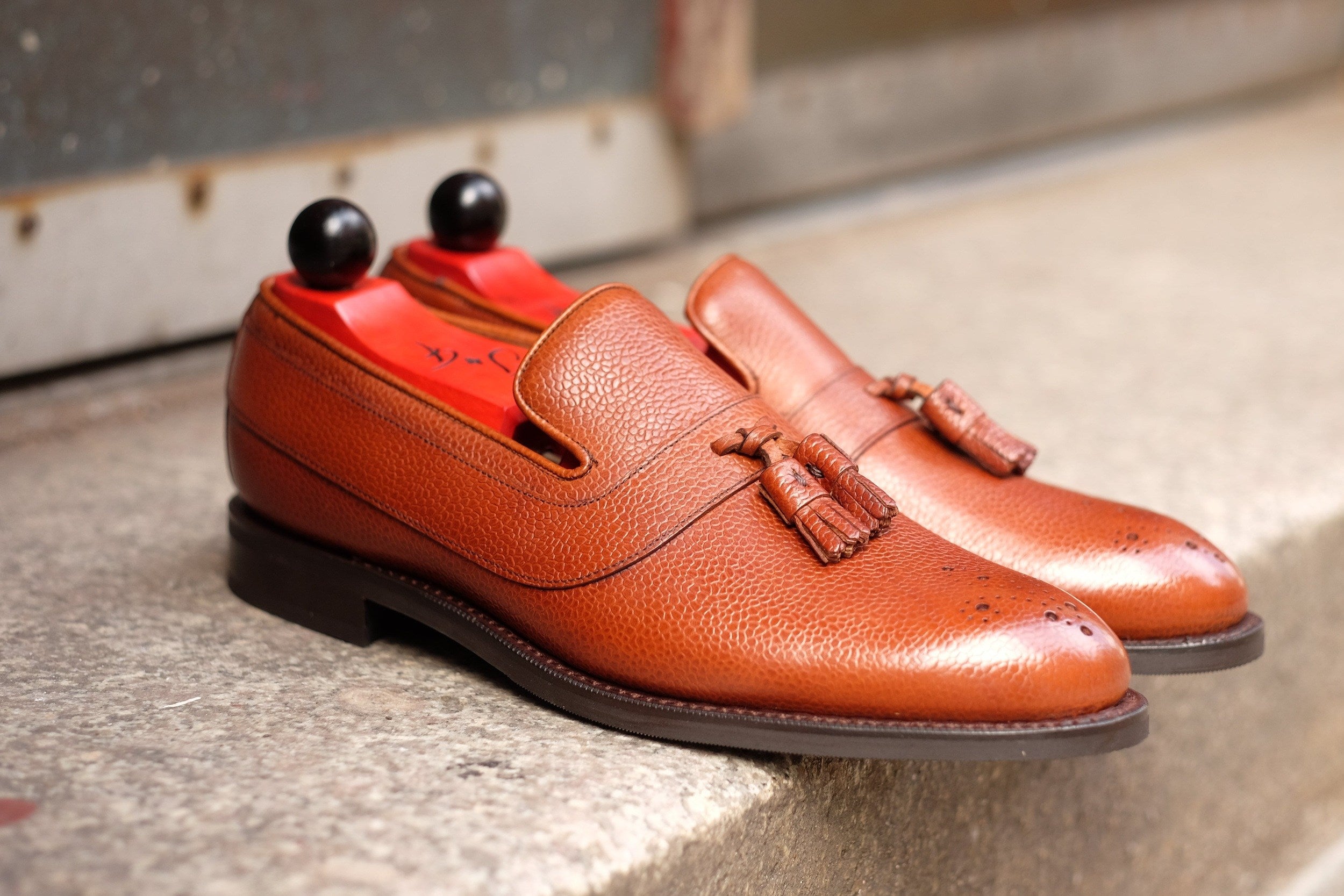 Walla Walla - MTO - Tan Grain - NGT Last - Single City Rubber Sole-Made To Order Tassel Strap Loafer Medallion-J.FitzPatrick Footwear