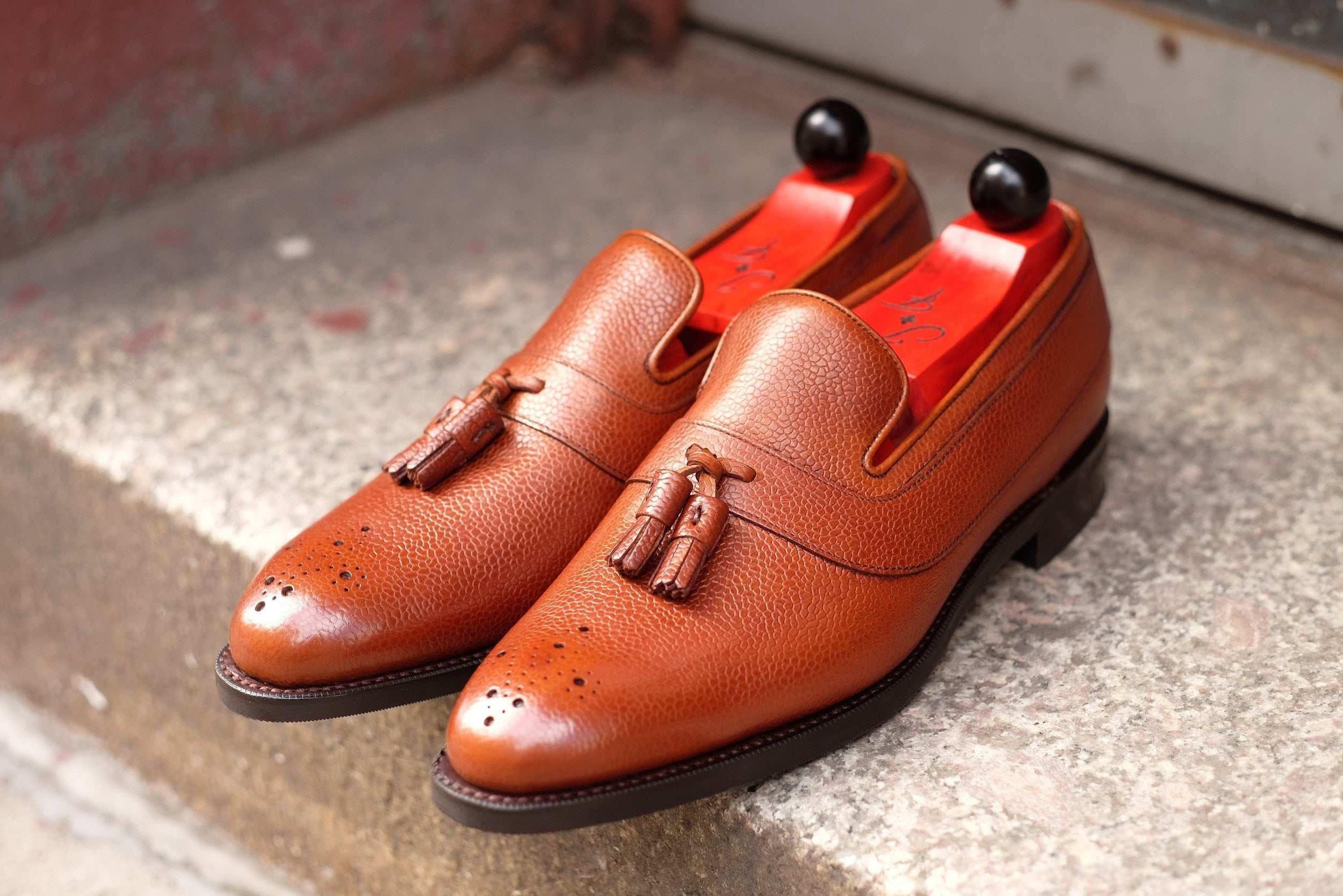 Walla Walla - MTO - Tan Grain - NGT Last - Single City Rubber Sole-Made To Order Tassel Strap Loafer Medallion-J.FitzPatrick Footwear