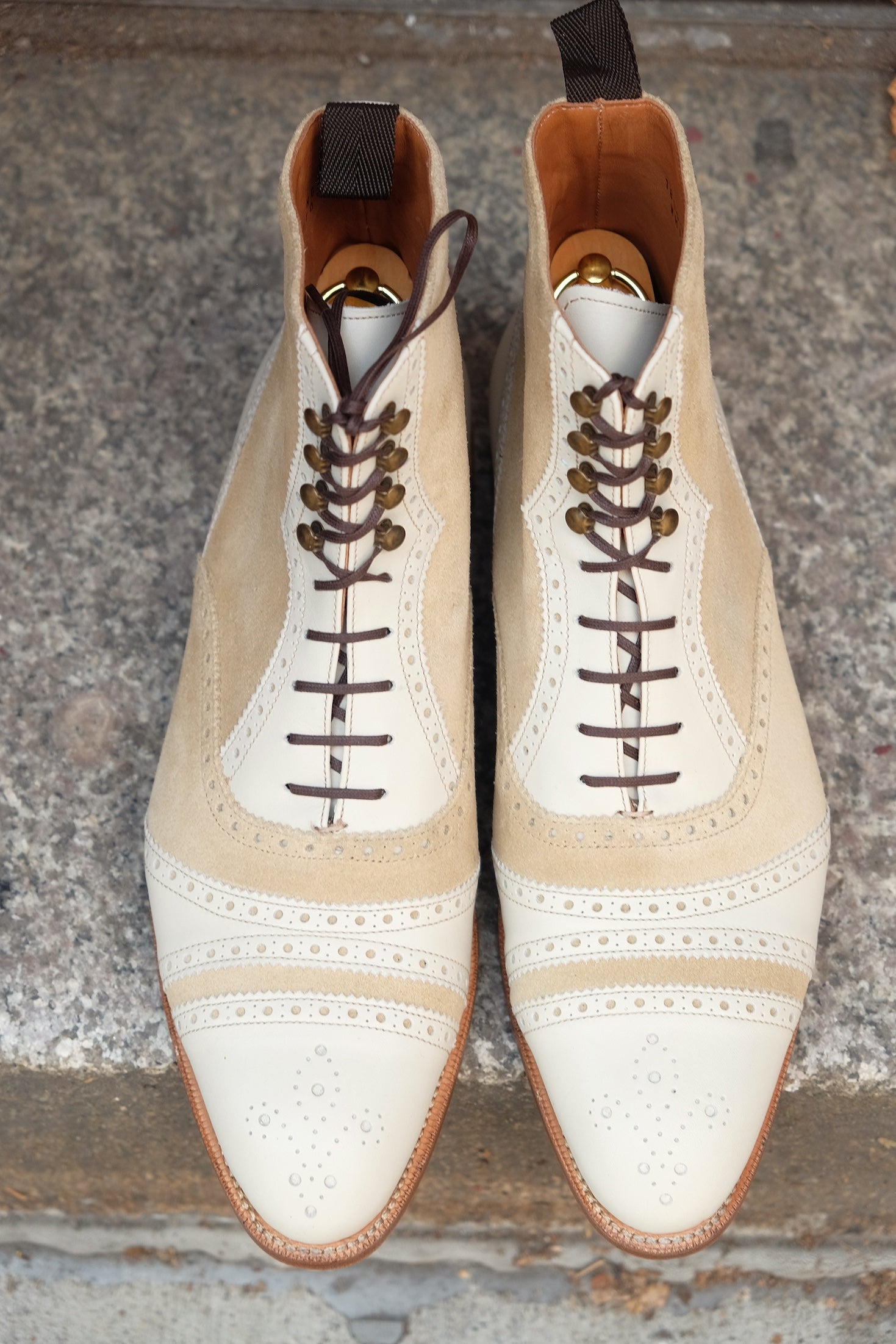Whitman - MTO - Crust Calf / Light Cream Suede - NGT last - Single Leather Sole - Fleur De Lys Medallion-Made To Order Cap Toe Tarsal Brogue Boot-J.FitzPatrick Footwear
