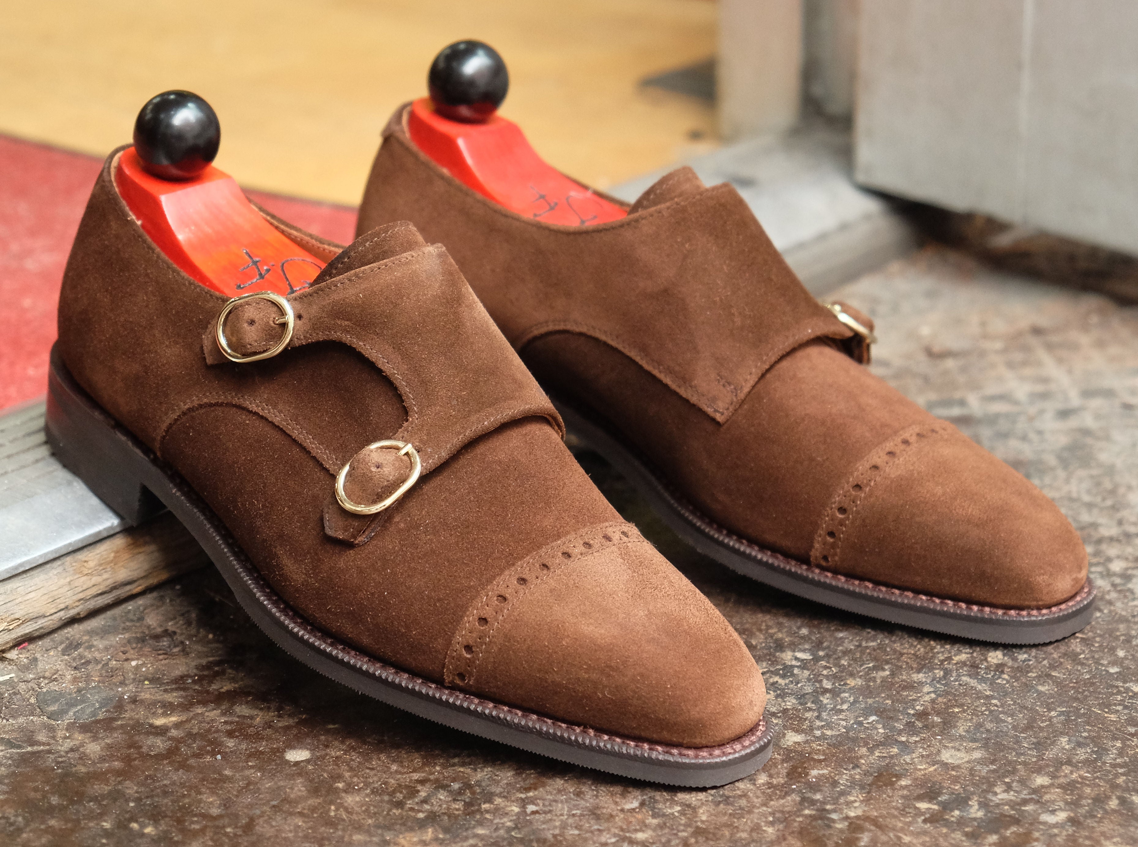Woodland - MTO - Dark Brown Suede-Made To Order Double Monkstrap Cap Toe Brogue-J.FitzPatrick Footwear