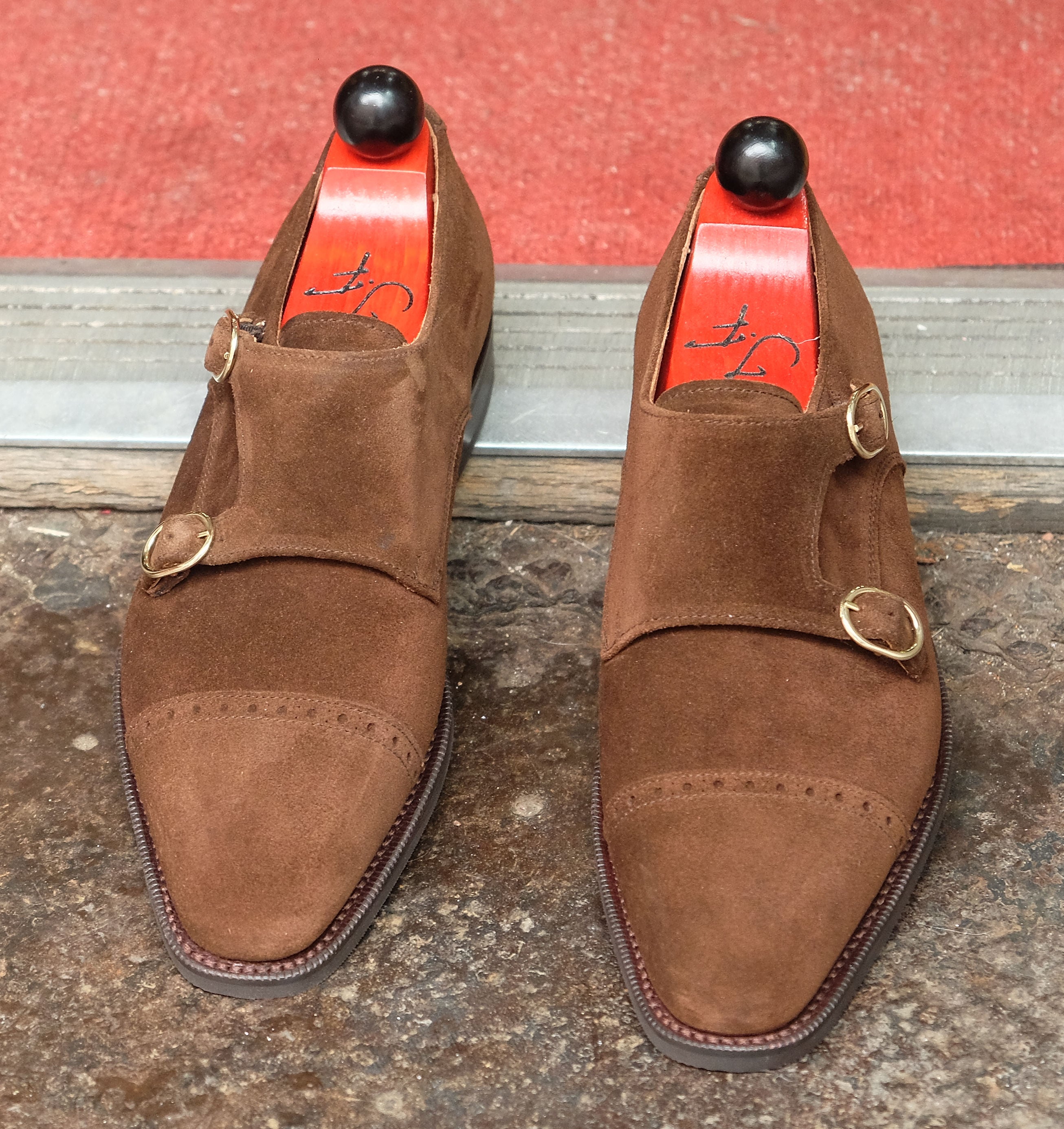 Woodland - MTO - Dark Brown Suede-Made To Order Double Monkstrap Cap Toe Brogue-J.FitzPatrick Footwear