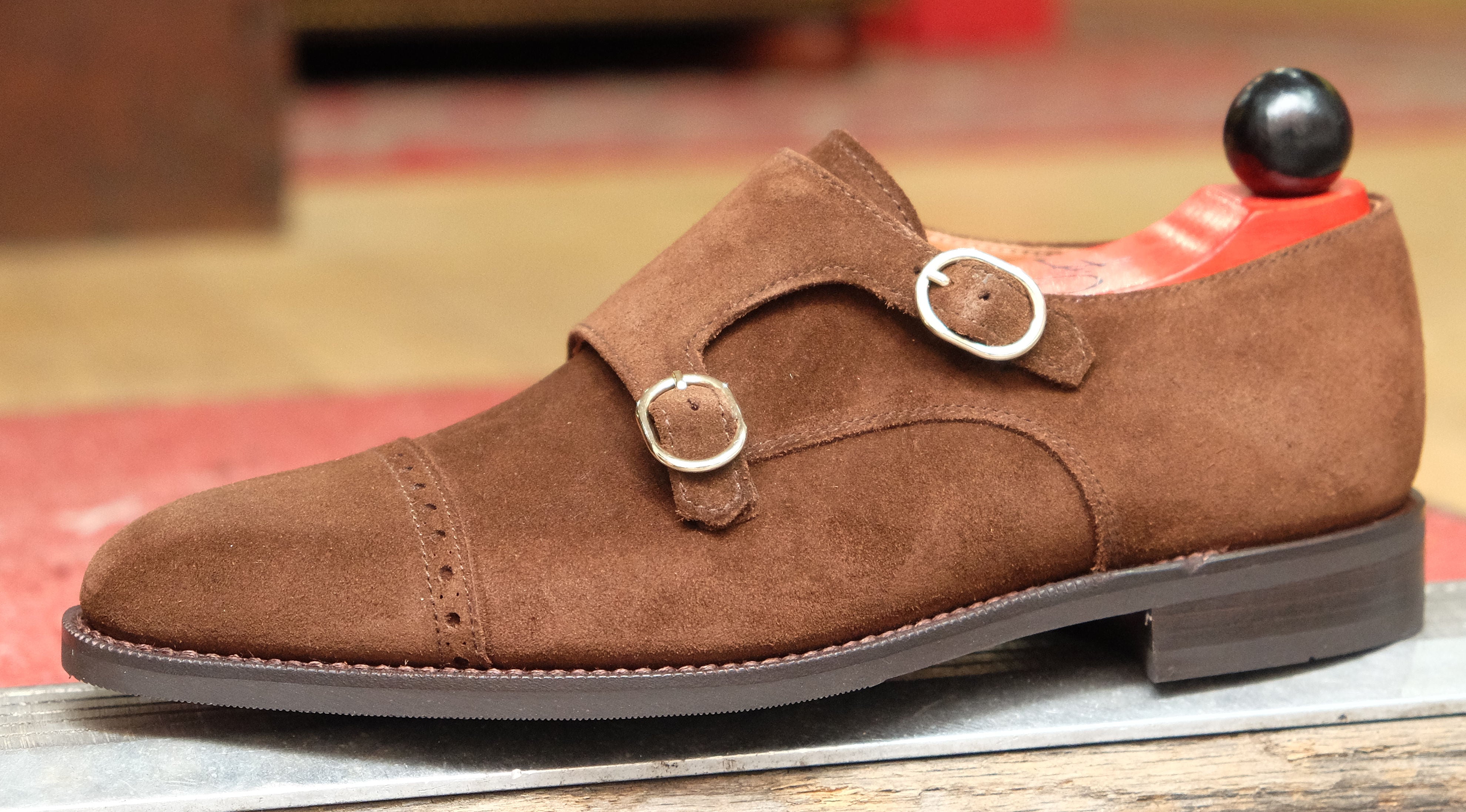 Woodland - MTO - Dark Brown Suede-Made To Order Double Monkstrap Cap Toe Brogue-J.FitzPatrick Footwear