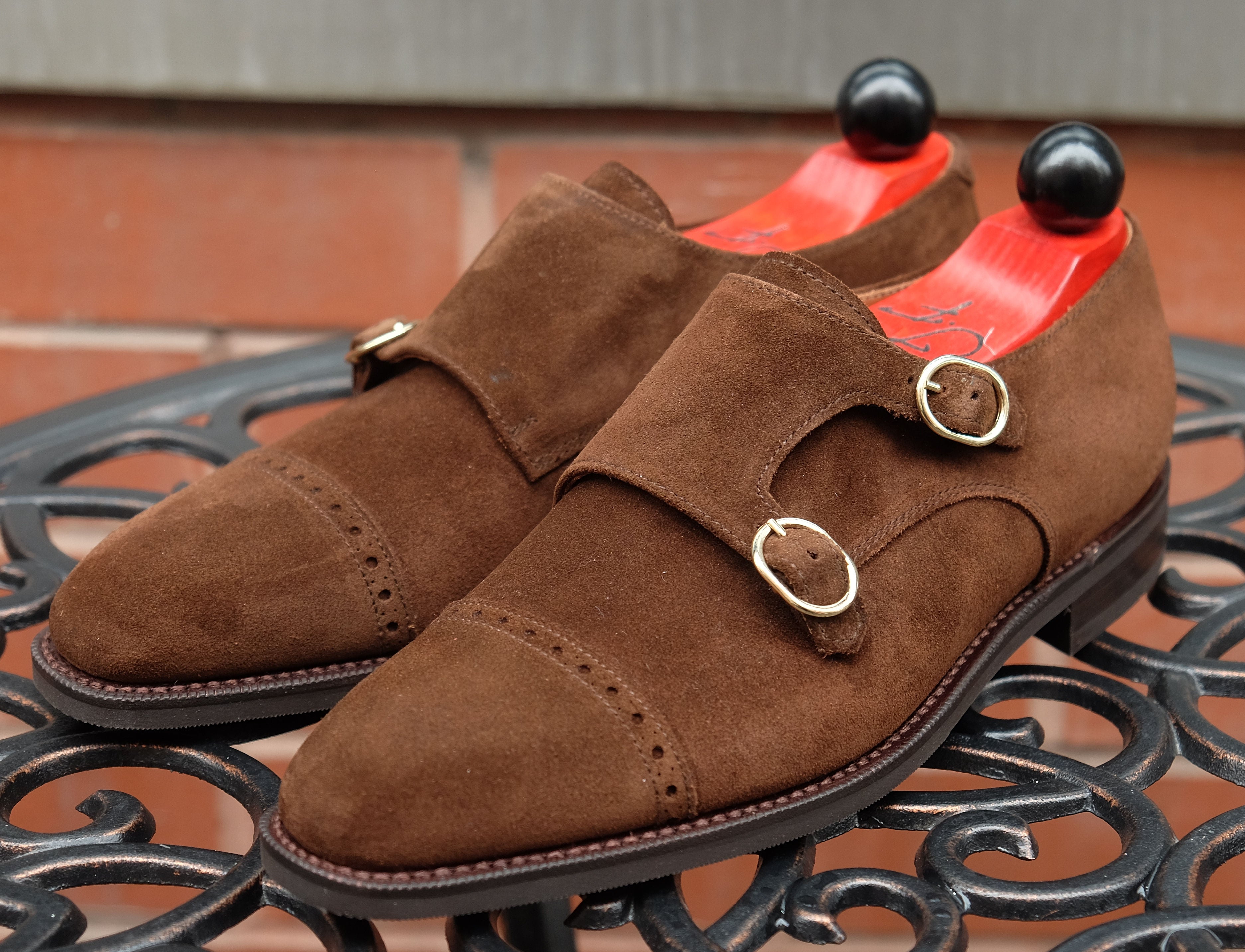 Woodland - MTO - Dark Brown Suede-Made To Order Double Monkstrap Cap Toe Brogue-J.FitzPatrick Footwear