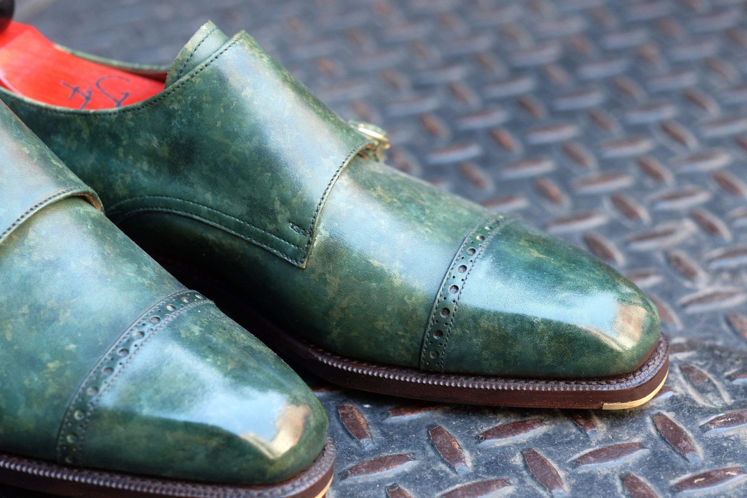 Woodland - MTO - Forest Green Marble Patina-Made To Order Double Monkstrap Cap Toe Brogue-J.FitzPatrick Footwear