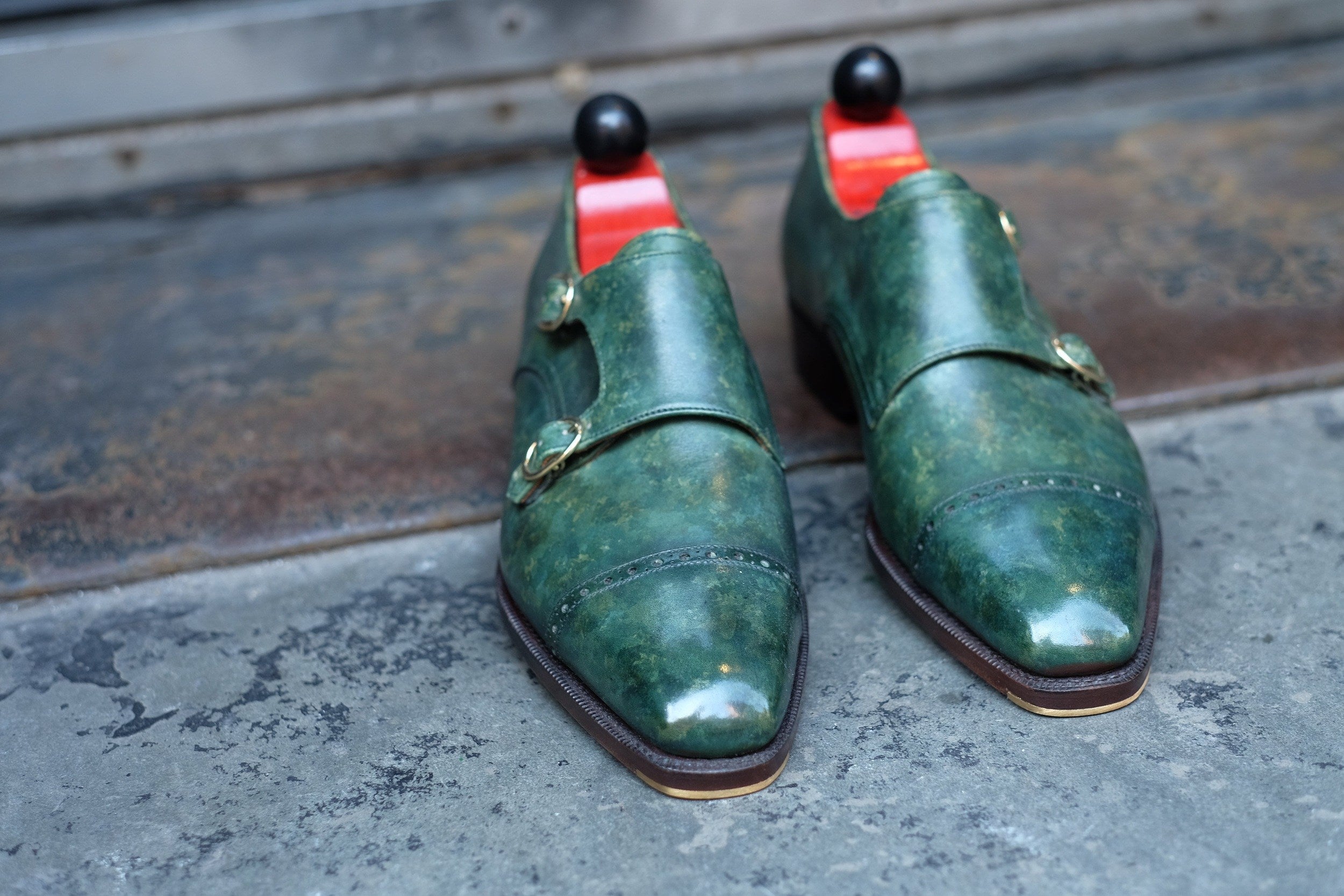 Woodland - MTO - Forest Green Marble Patina-Made To Order Double Monkstrap Cap Toe Brogue-J.FitzPatrick Footwear