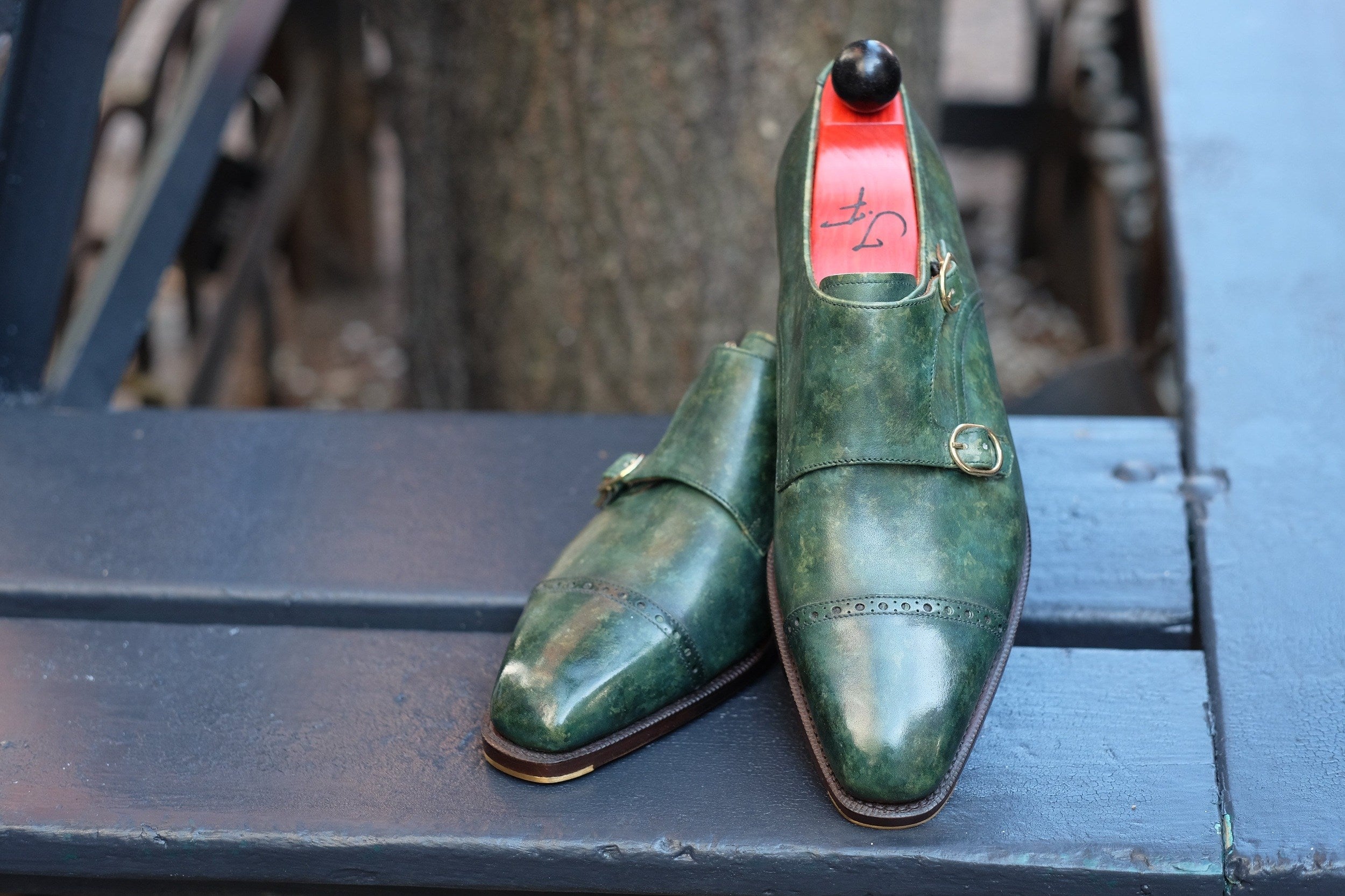 Woodland - MTO - Forest Green Marble Patina-Made To Order Double Monkstrap Cap Toe Brogue-J.FitzPatrick Footwear