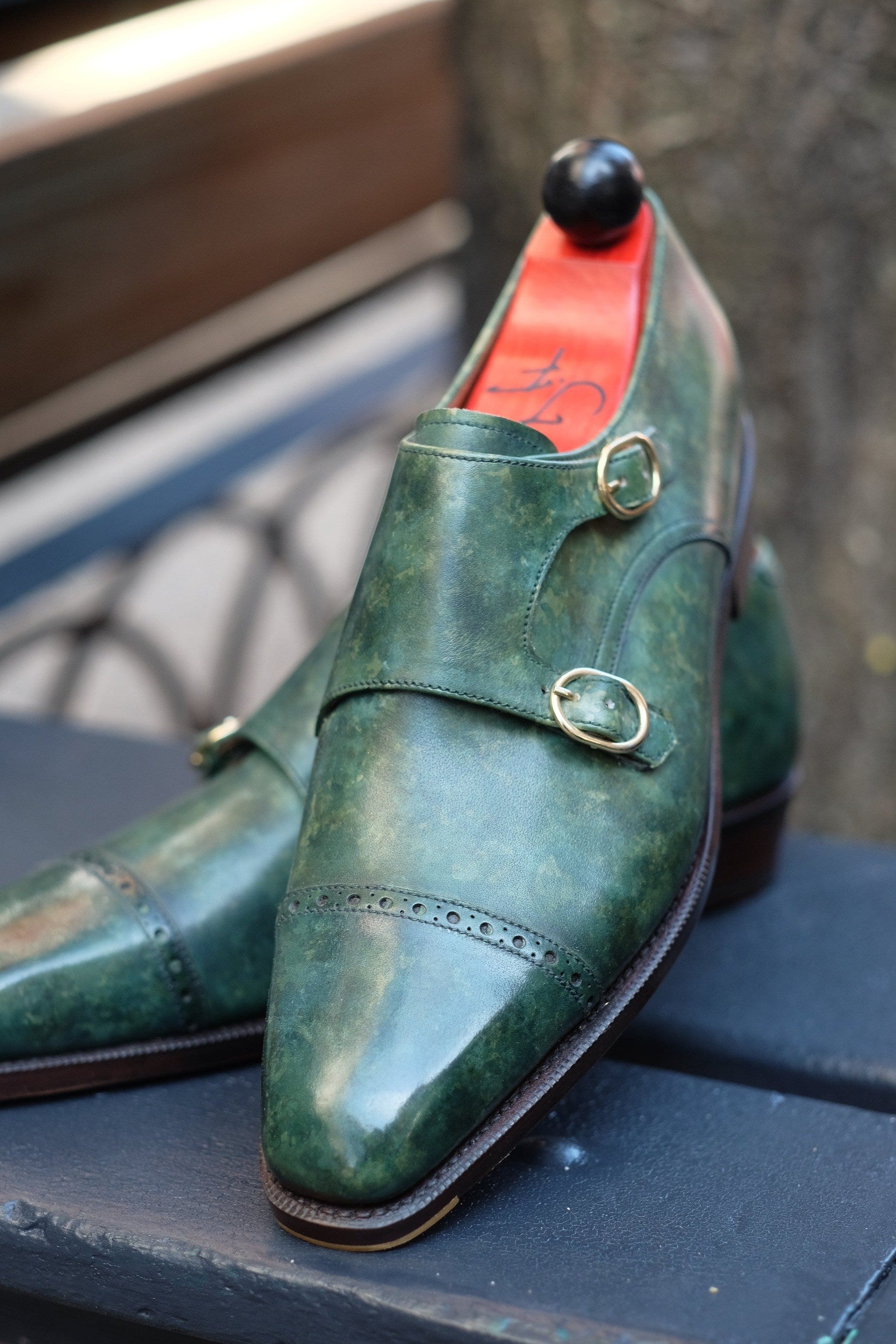 Woodland - MTO - Forest Green Marble Patina-Made To Order Double Monkstrap Cap Toe Brogue-J.FitzPatrick Footwear
