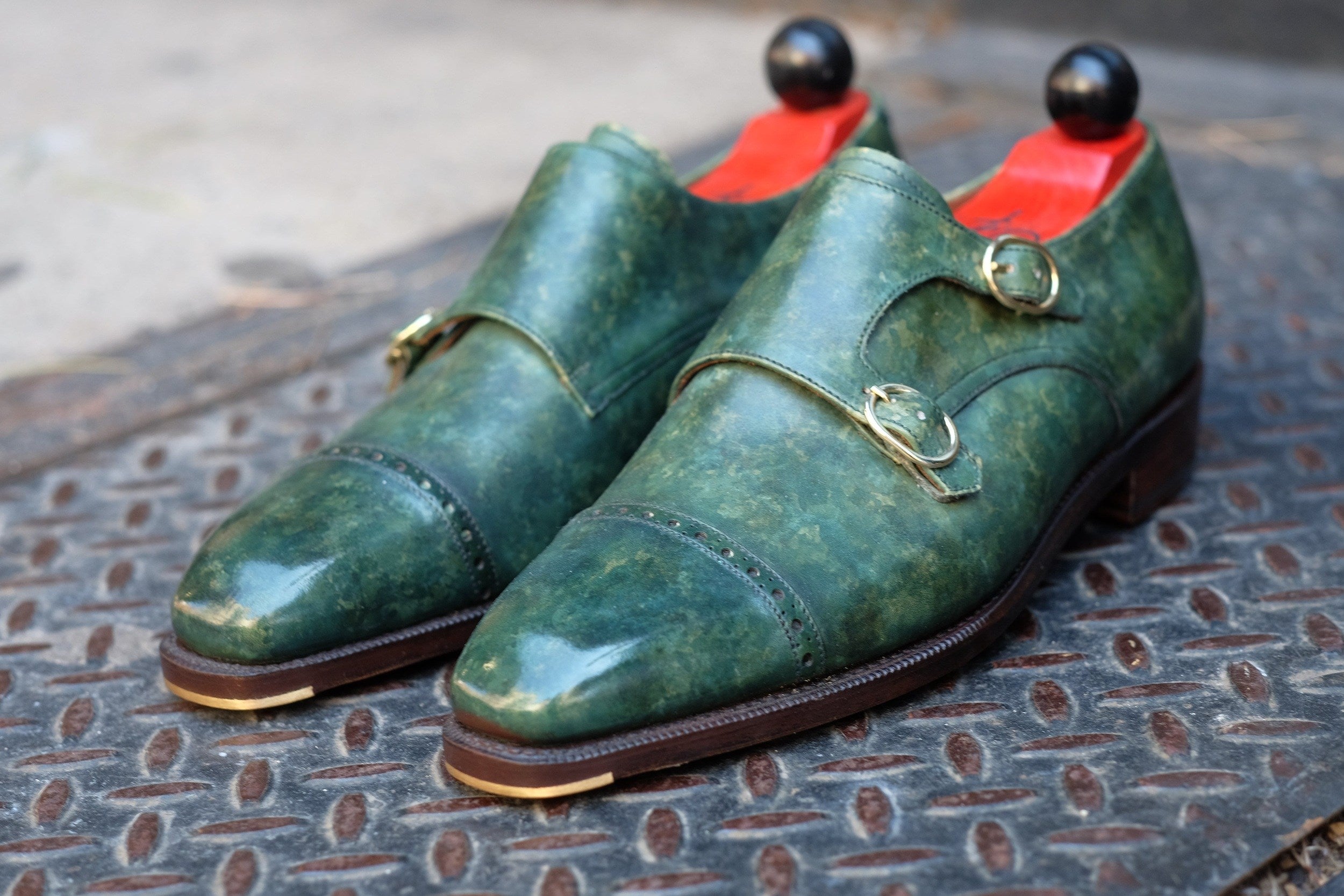 Woodland - MTO - Forest Green Marble Patina-Made To Order Double Monkstrap Cap Toe Brogue-J.FitzPatrick Footwear