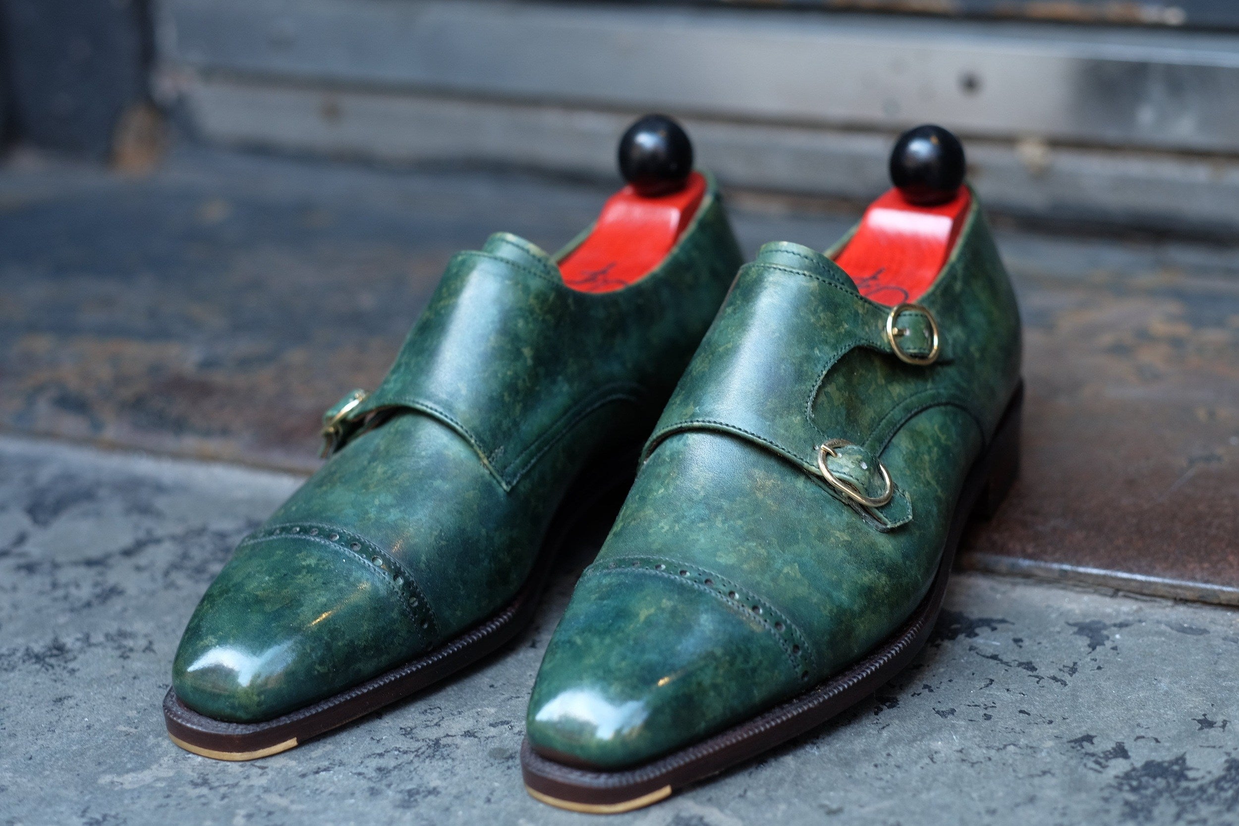 Woodland - MTO - Forest Green Marble Patina-Made To Order Double Monkstrap Cap Toe Brogue-J.FitzPatrick Footwear
