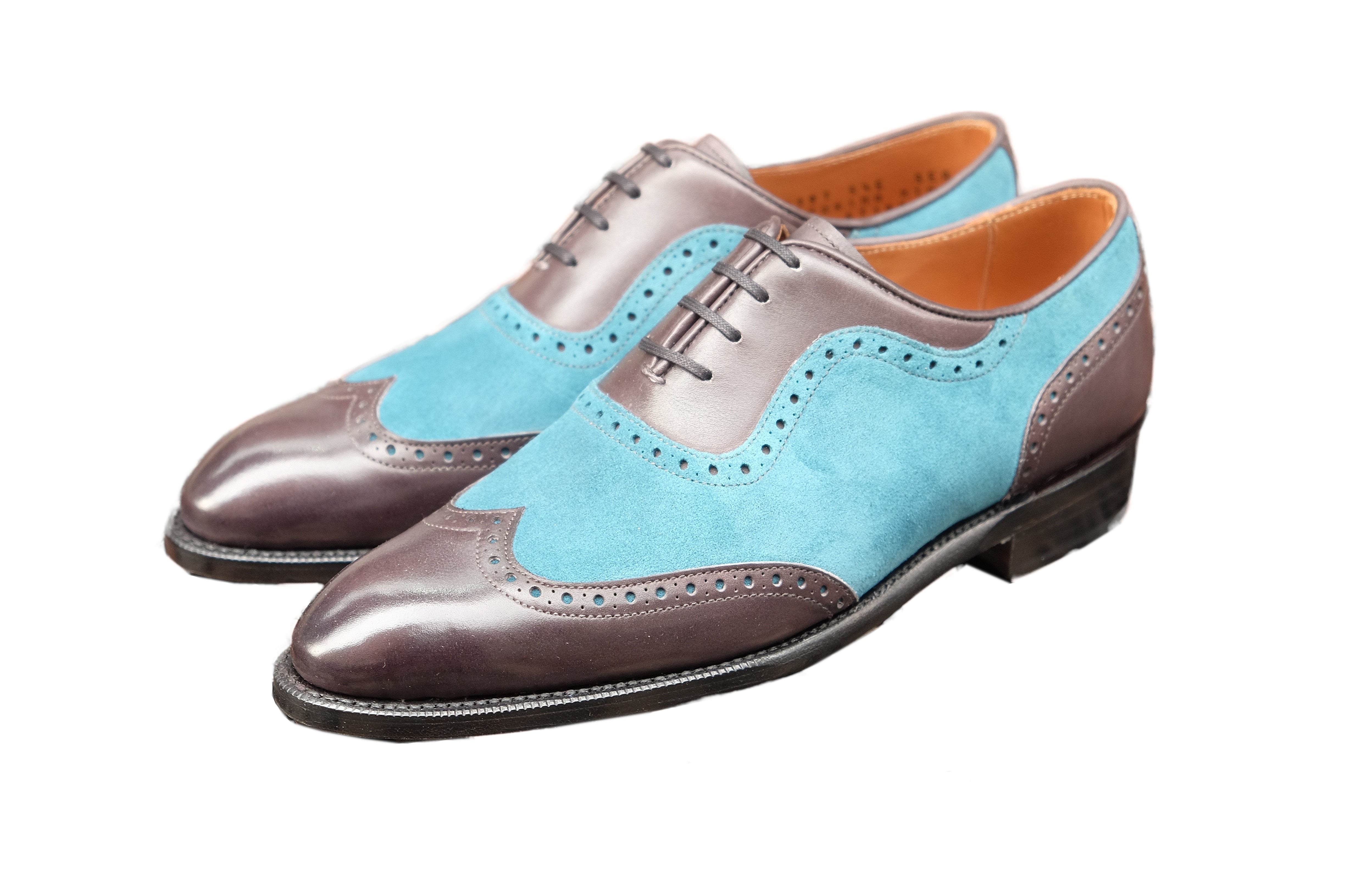 Yakima - MTO - Shaded Grey Calf / Teal Suede - SEA Last - Single Leather Sole-Made To Order Wingtip Brogue Spectator Oxfords-J.FitzPatrick Footwear