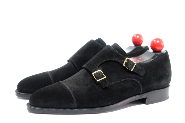 Kent - MTO - Black Suede - TMG Last - Single Leather Sole - Square Gold Buckles