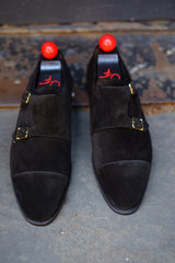Kent - MTO - Black Suede - TMG Last - Single Leather Sole - Square Gold Buckles