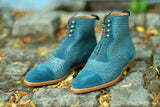 Meadowbrook - MTO - Teal Suede / Braided Teal Suede - TMG Last - Brass Hardware - Single Leather Sole