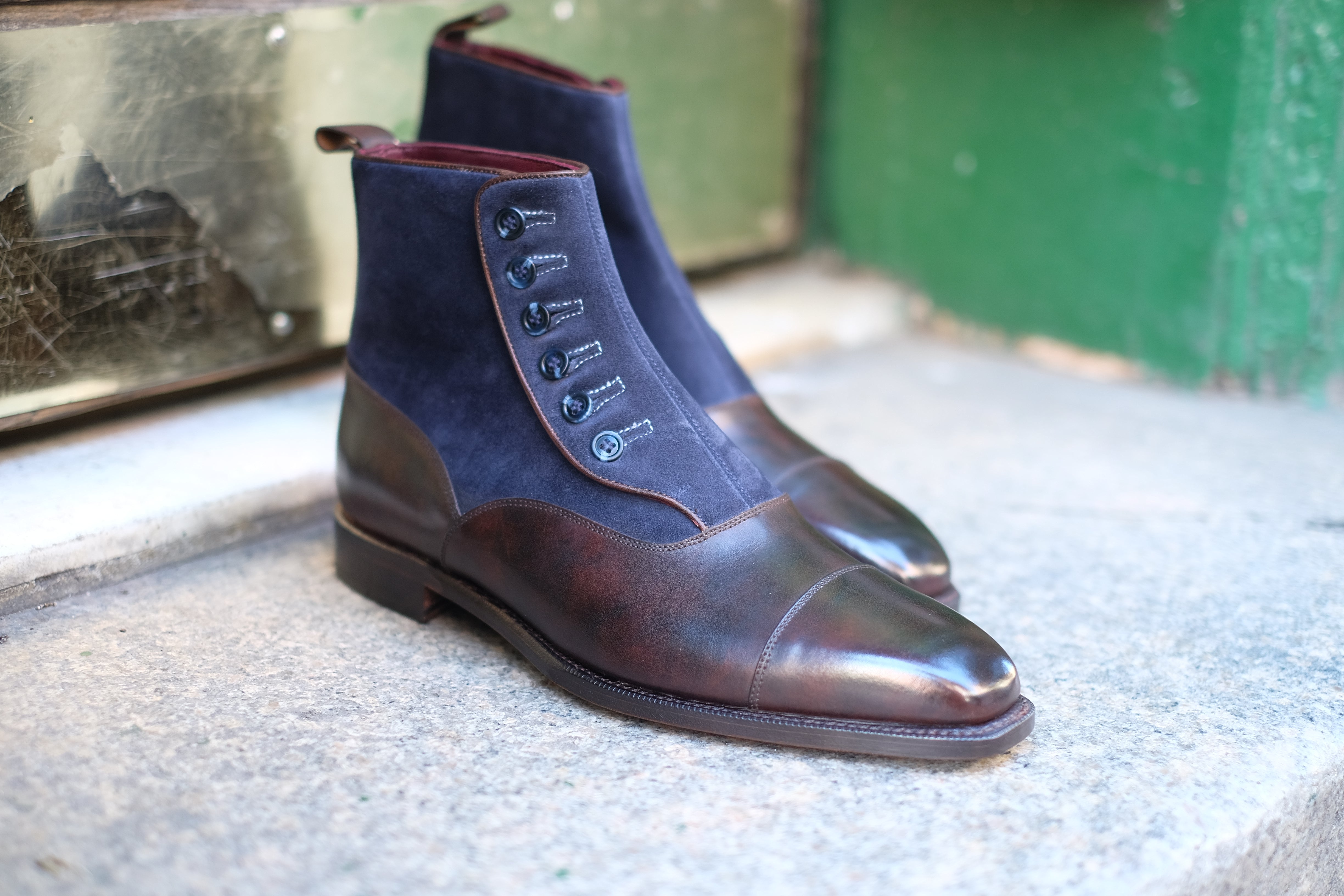Bellevue - MTO - Dark Brown Museum Calf / Navy Suede - Sky Blue Stitching - Blue Buttons - MGF Last - Single Leather Sole