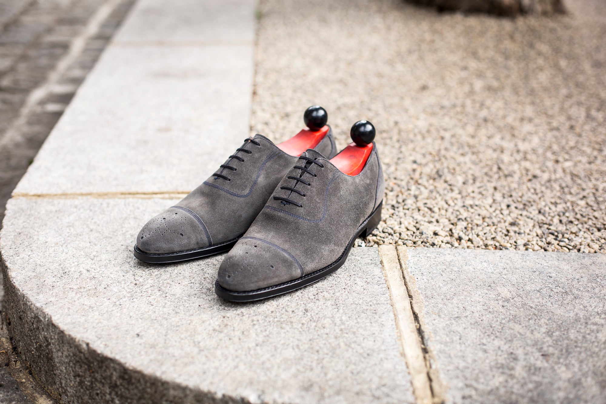 Auburn - MTO - Mid Grey Suede / Navy Stitching - NGT Last - Single Leather Sole-Made To Order Cap Toe Captoe Oxfords-J.FitzPatrick Footwear