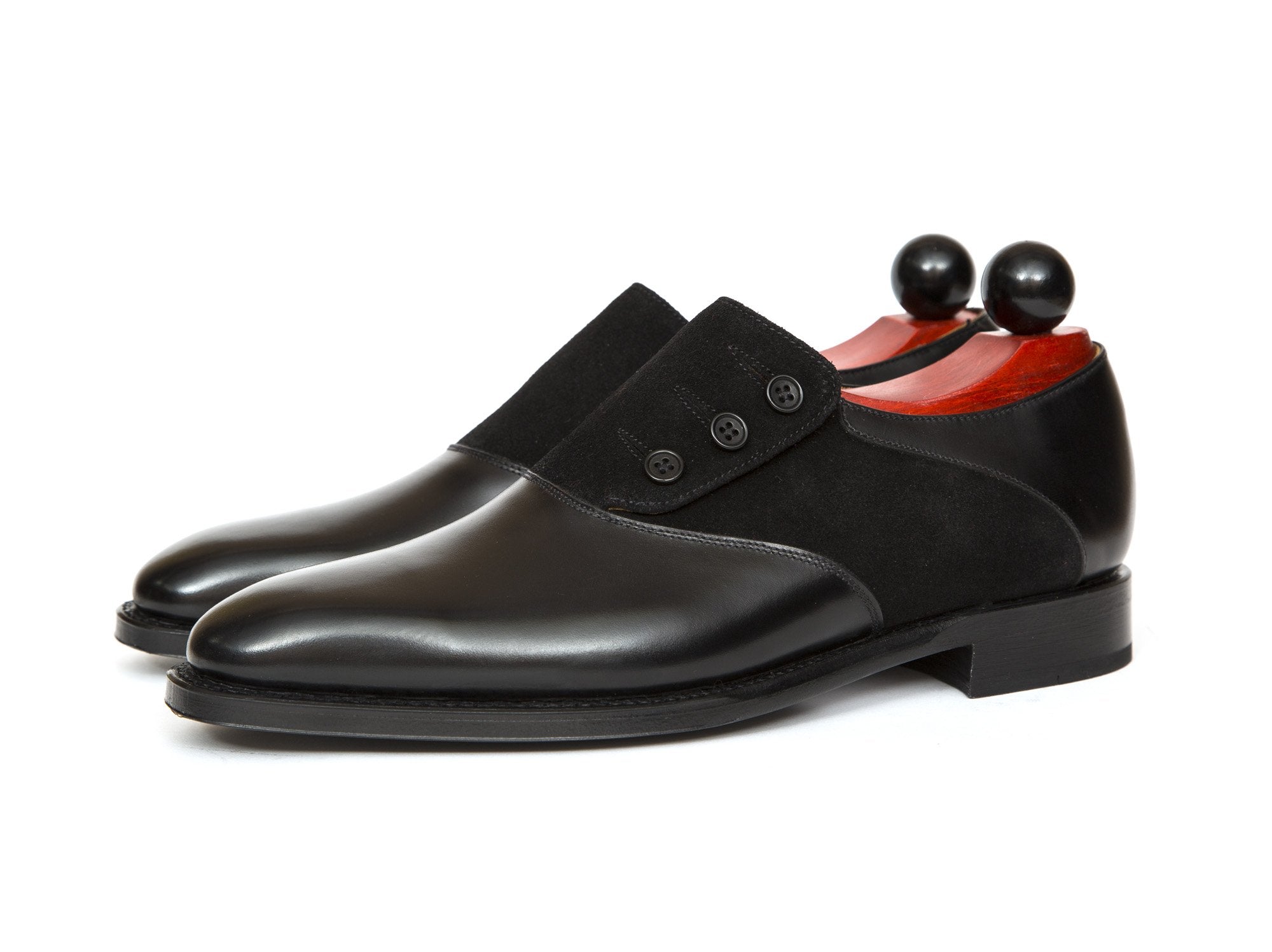 Aurora - MTO - Black Calf / Black Suede - LPB Last - Single Leather Sole-Made To Order Button Shoe Plain Toe-J.FitzPatrick Footwear