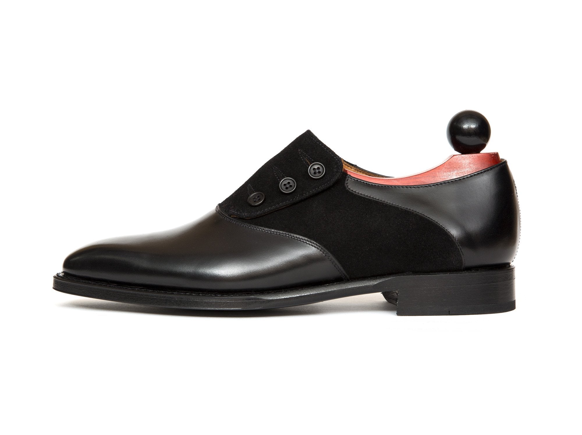 Aurora - MTO - Black Calf / Black Suede - LPB Last - Single Leather Sole-Made To Order Button Shoe Plain Toe-J.FitzPatrick Footwear