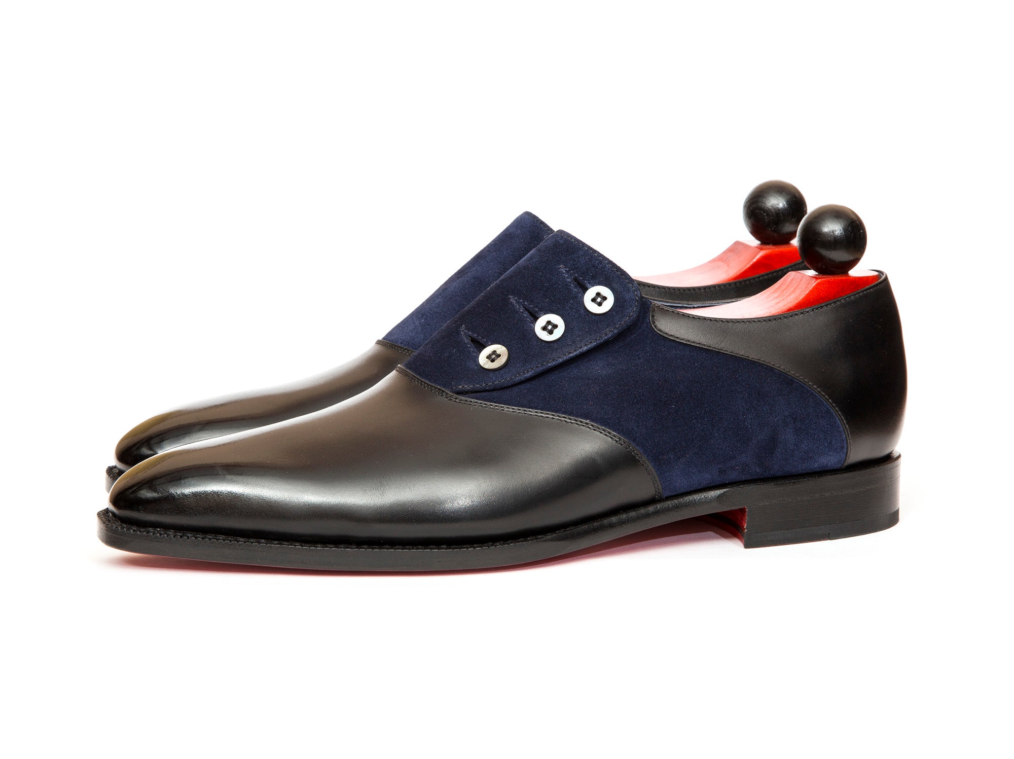 Aurora - MTO - Black Calf / Navy Suede - LPB Last - Single Leather Sole-Made To Order Button Shoe Plain Toe-J.FitzPatrick Footwear