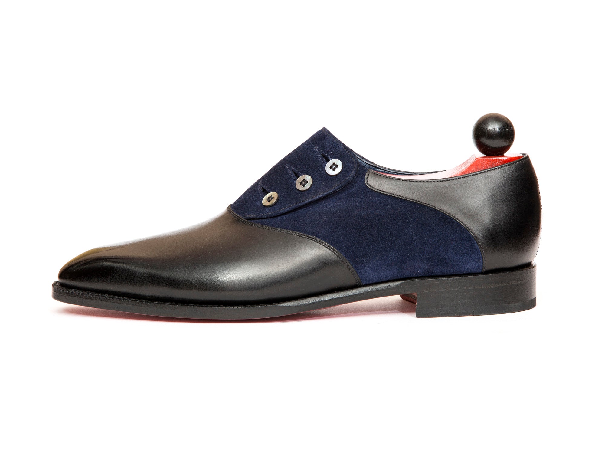 Aurora - MTO - Black Calf / Navy Suede - LPB Last - Single Leather Sole-Made To Order Button Shoe Plain Toe-J.FitzPatrick Footwear