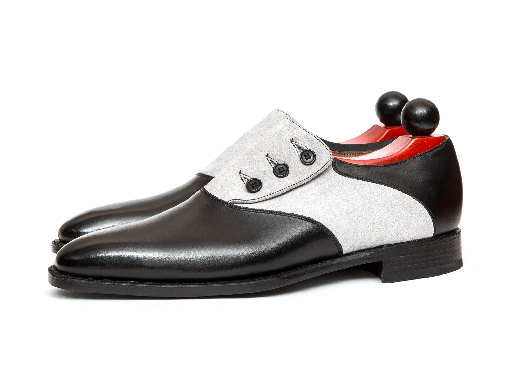 Aurora - MTO - Black Calf / Pearl Grey Suede - LPB Last - Single Leather Sole-Made To Order Button Shoe Plain Toe-J.FitzPatrick Footwear