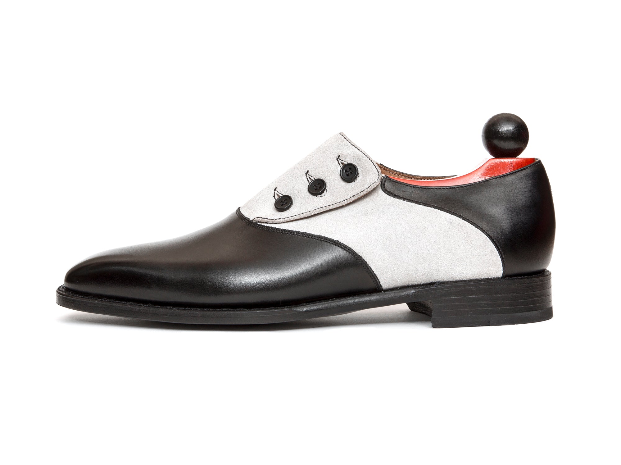 Aurora - MTO - Black Calf / Pearl Grey Suede - LPB Last - Single Leather Sole-Made To Order Button Shoe Plain Toe-J.FitzPatrick Footwear