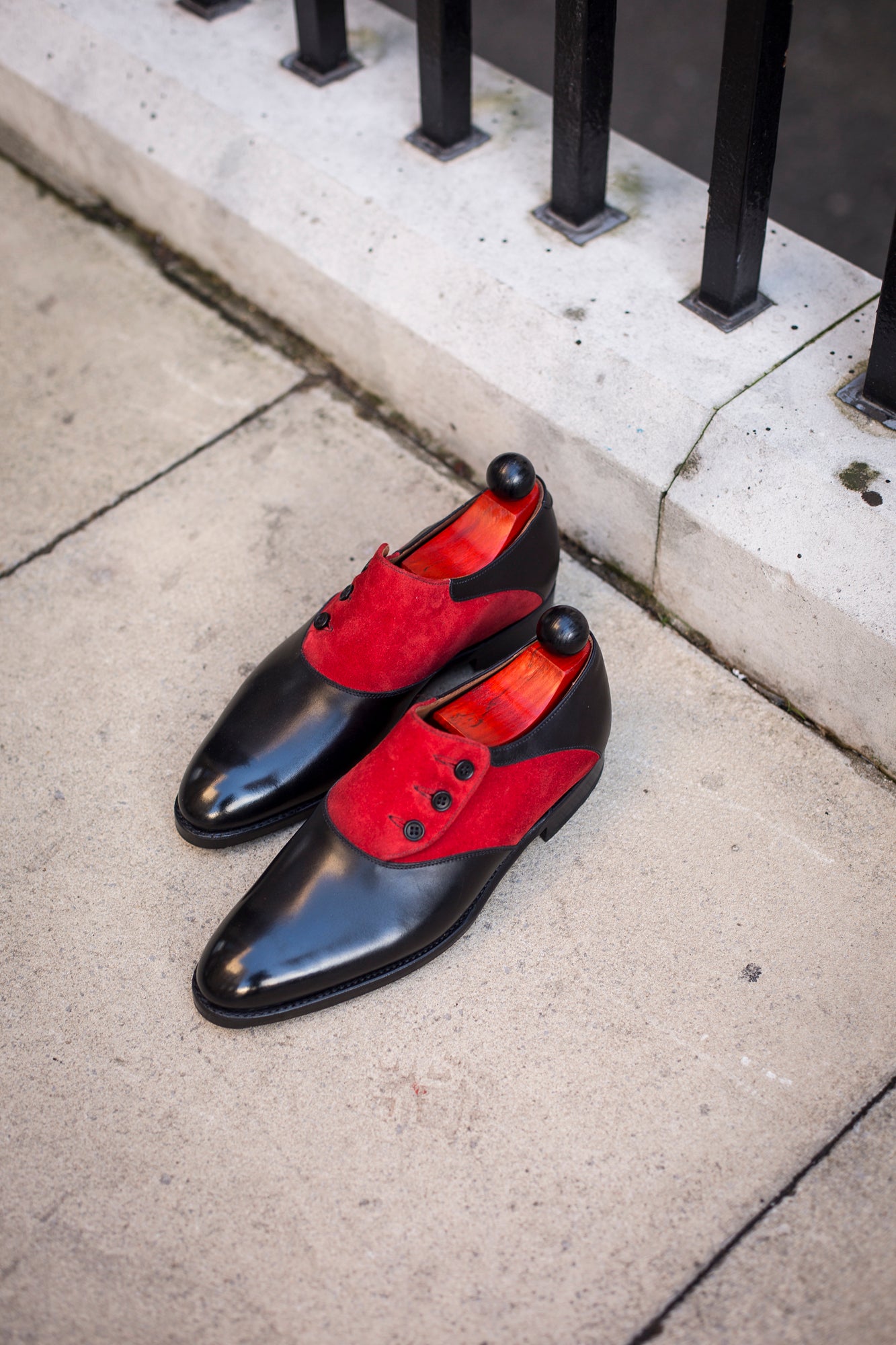 Aurora - MTO - Black Calf / Red Suede - NGT Last - Single Leather Sole-Made To Order Button Shoe Plain Toe-J.FitzPatrick Footwear