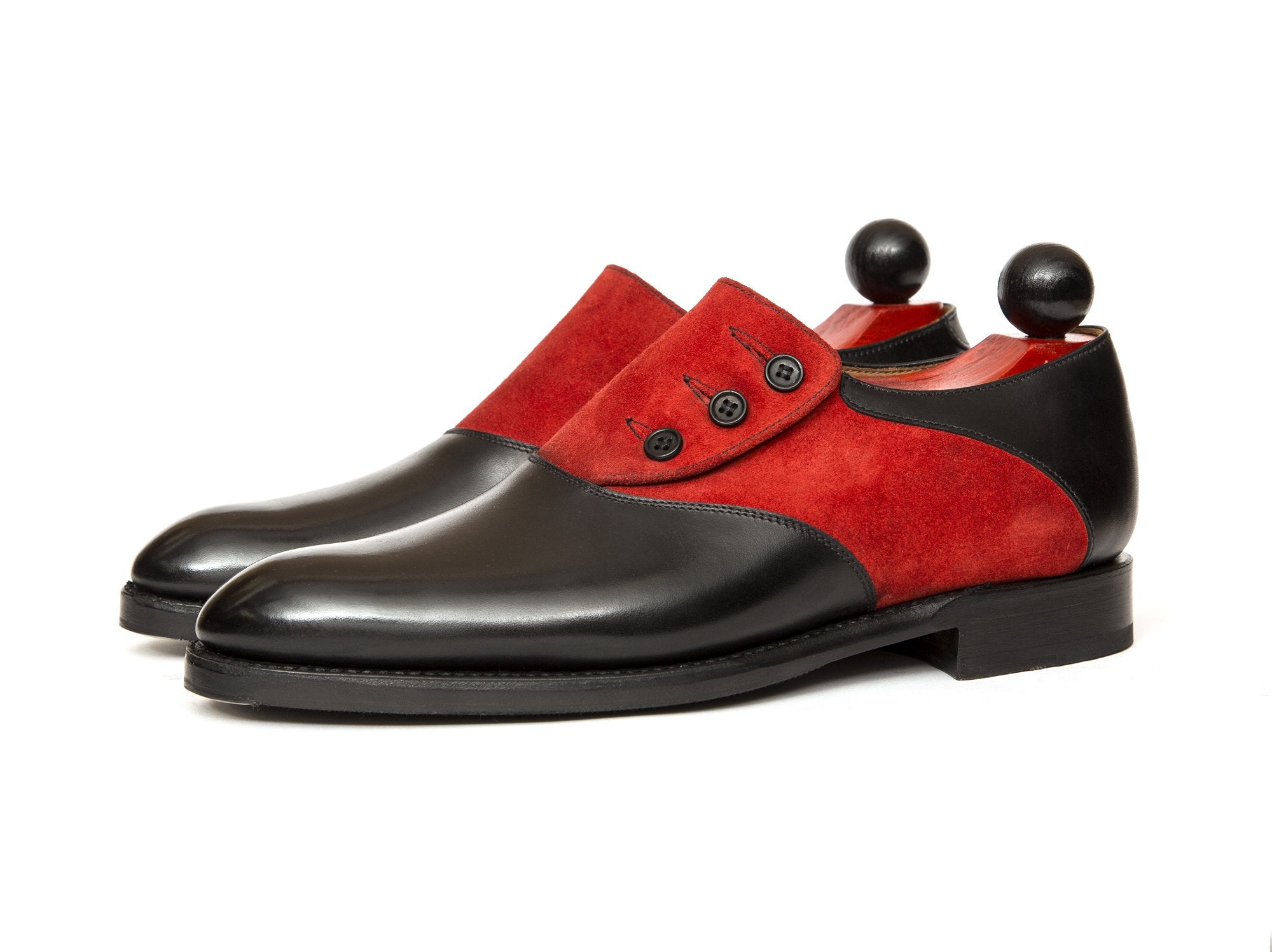 Aurora - MTO - Black Calf / Red Suede - NGT Last - Single Leather Sole-Made To Order Button Shoe Plain Toe-J.FitzPatrick Footwear