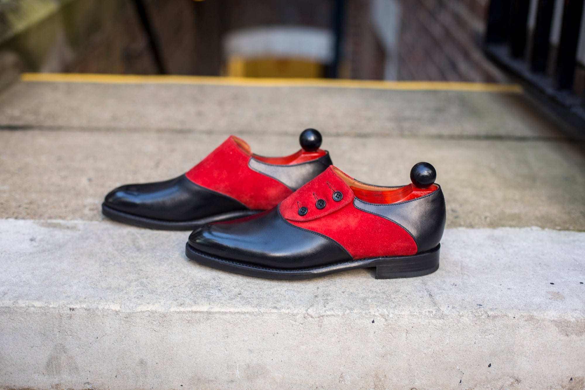 Aurora - MTO - Black Calf / Red Suede - NGT Last - Single Leather Sole-Made To Order Button Shoe Plain Toe-J.FitzPatrick Footwear