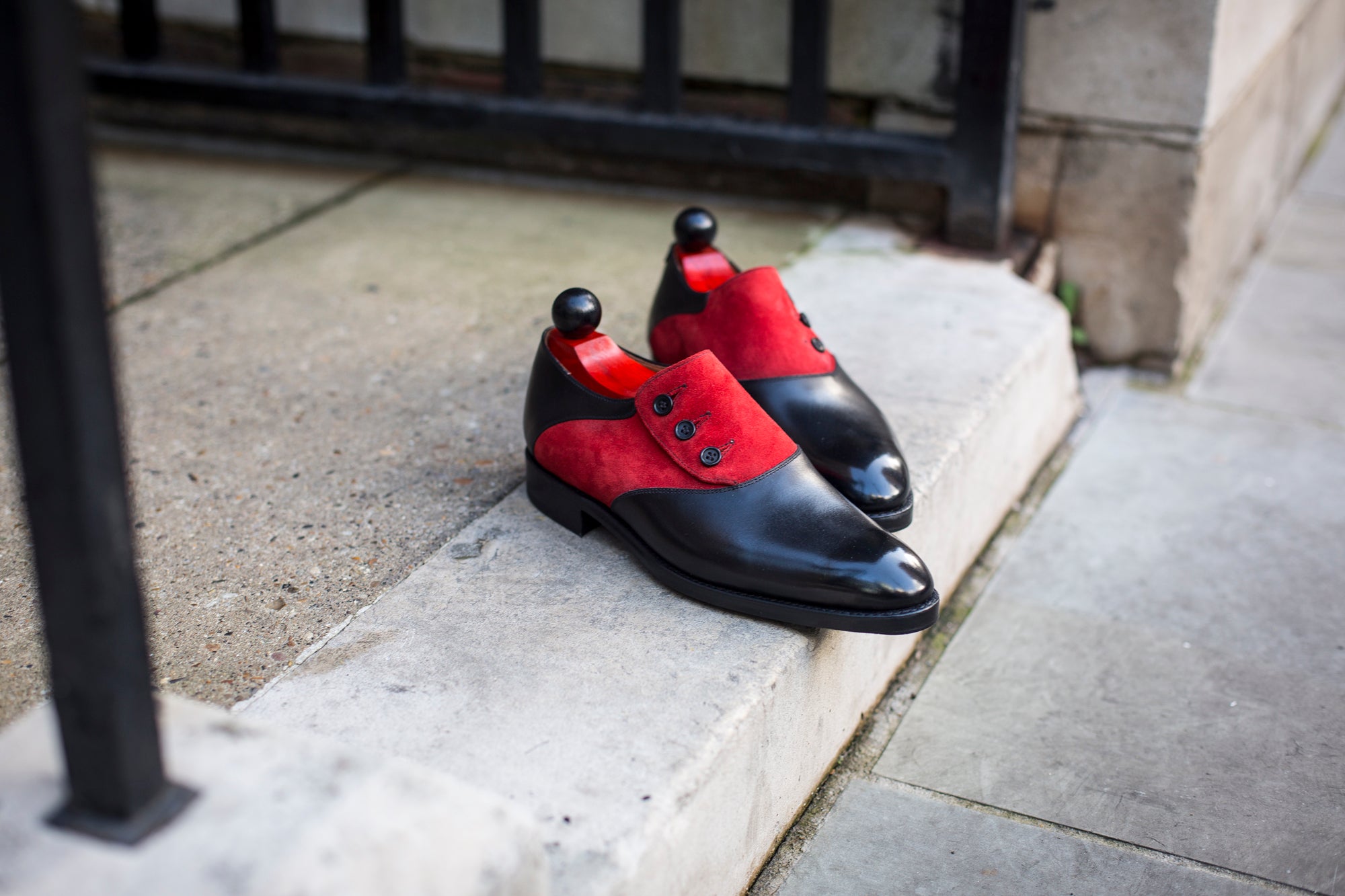 Aurora - MTO - Black Calf / Red Suede - NGT Last - Single Leather Sole-Made To Order Button Shoe Plain Toe-J.FitzPatrick Footwear