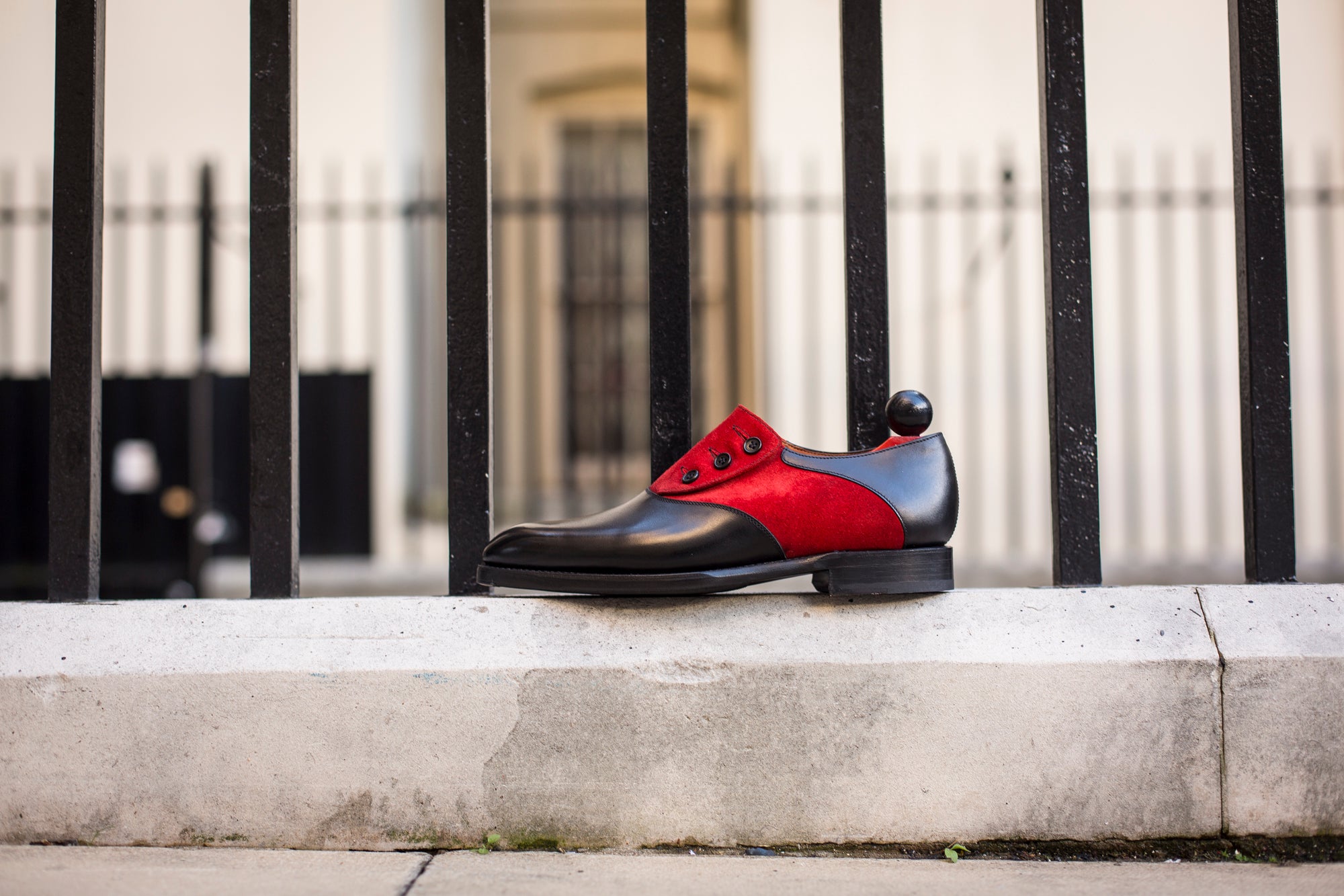 Aurora - MTO - Black Calf / Red Suede - NGT Last - Single Leather Sole-Made To Order Button Shoe Plain Toe-J.FitzPatrick Footwear