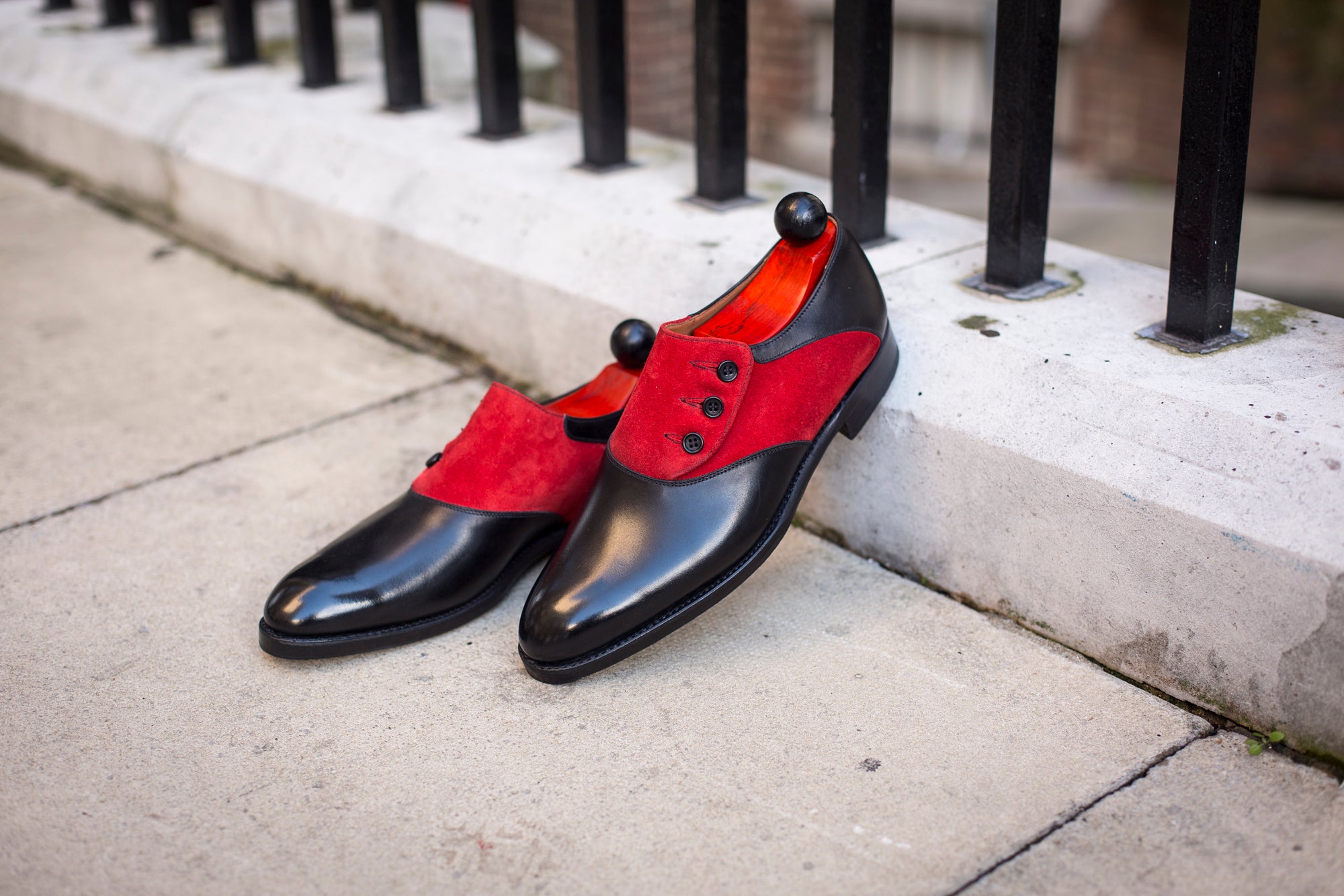 Aurora - MTO - Black Calf / Red Suede - NGT Last - Single Leather Sole-Made To Order Button Shoe Plain Toe-J.FitzPatrick Footwear