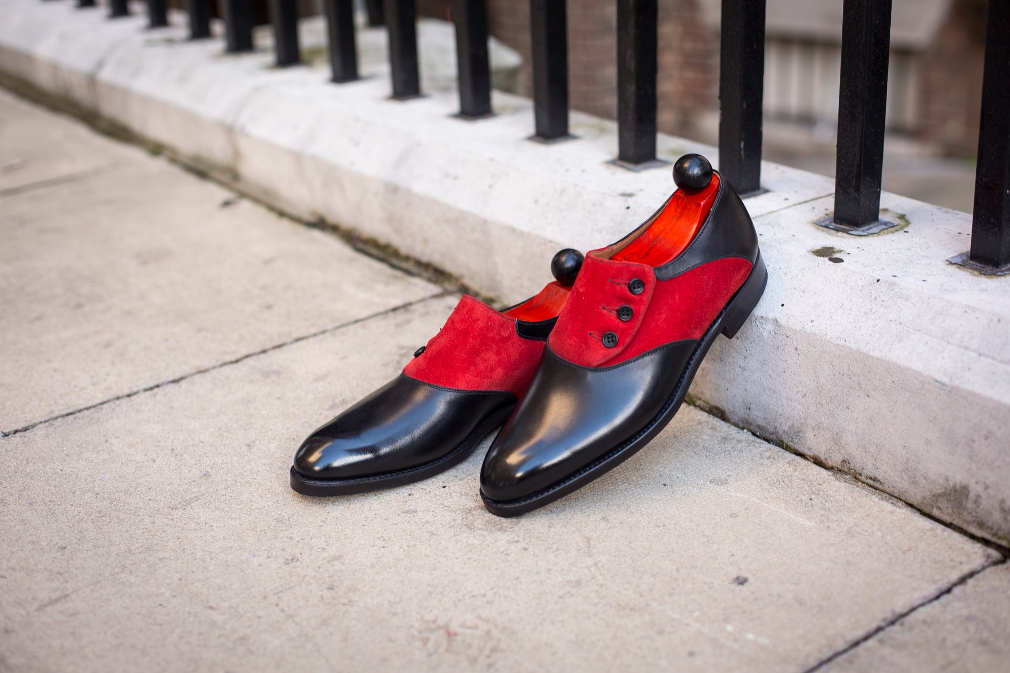 Aurora - MTO - Black Calf / Red Suede - NGT Last - Single Leather Sole-Made To Order Button Shoe Plain Toe-J.FitzPatrick Footwear