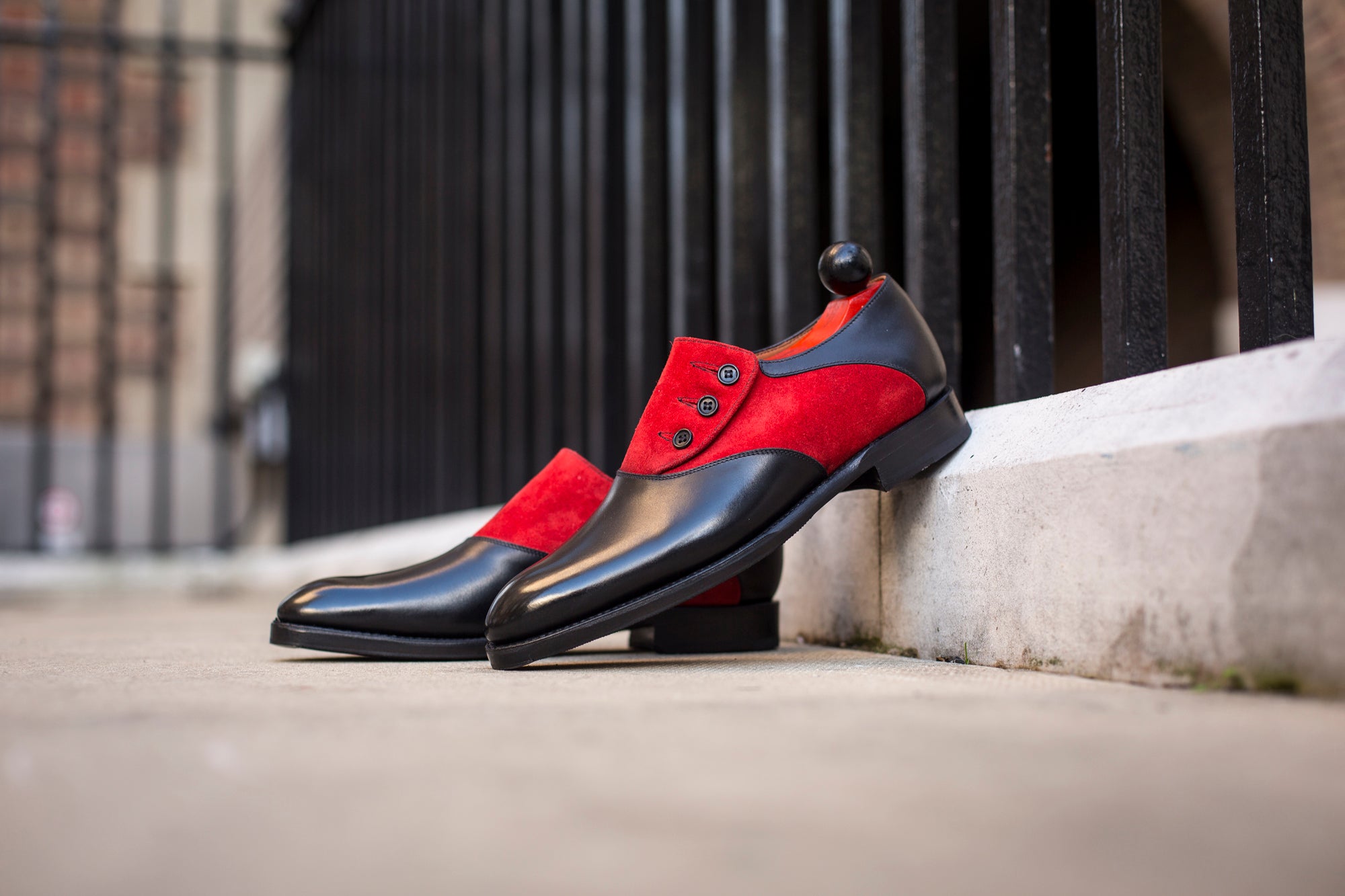 Aurora - MTO - Black Calf / Red Suede - NGT Last - Single Leather Sole-Made To Order Button Shoe Plain Toe-J.FitzPatrick Footwear