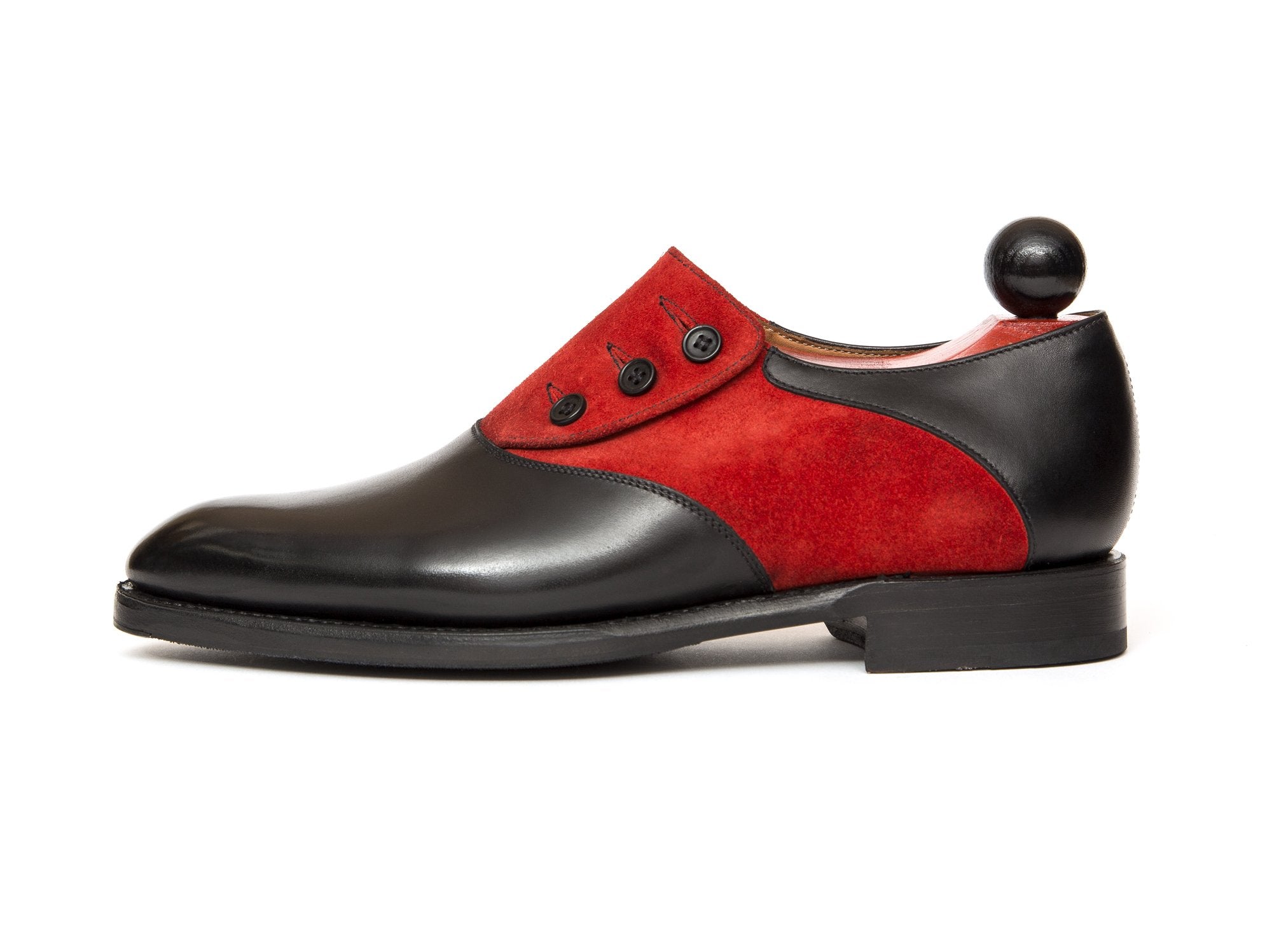 Aurora - MTO - Black Calf / Red Suede - NGT Last - Single Leather Sole-Made To Order Button Shoe Plain Toe-J.FitzPatrick Footwear