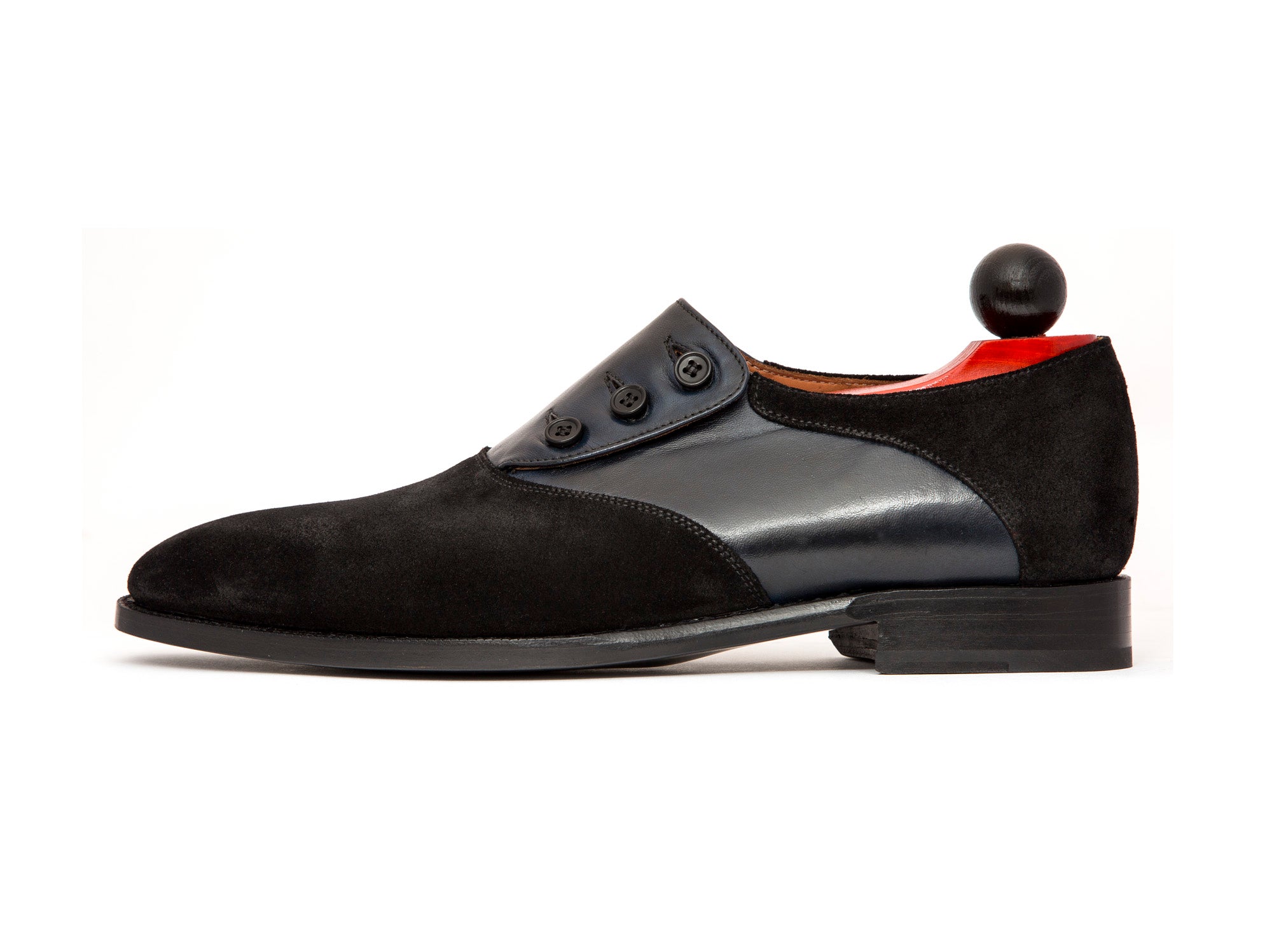 Aurora - MTO - Black Suede / Navy Soft Calf - LPB Last - Single Leather Sole-Made To Order Button Shoe Plain Toe-J.FitzPatrick Footwear