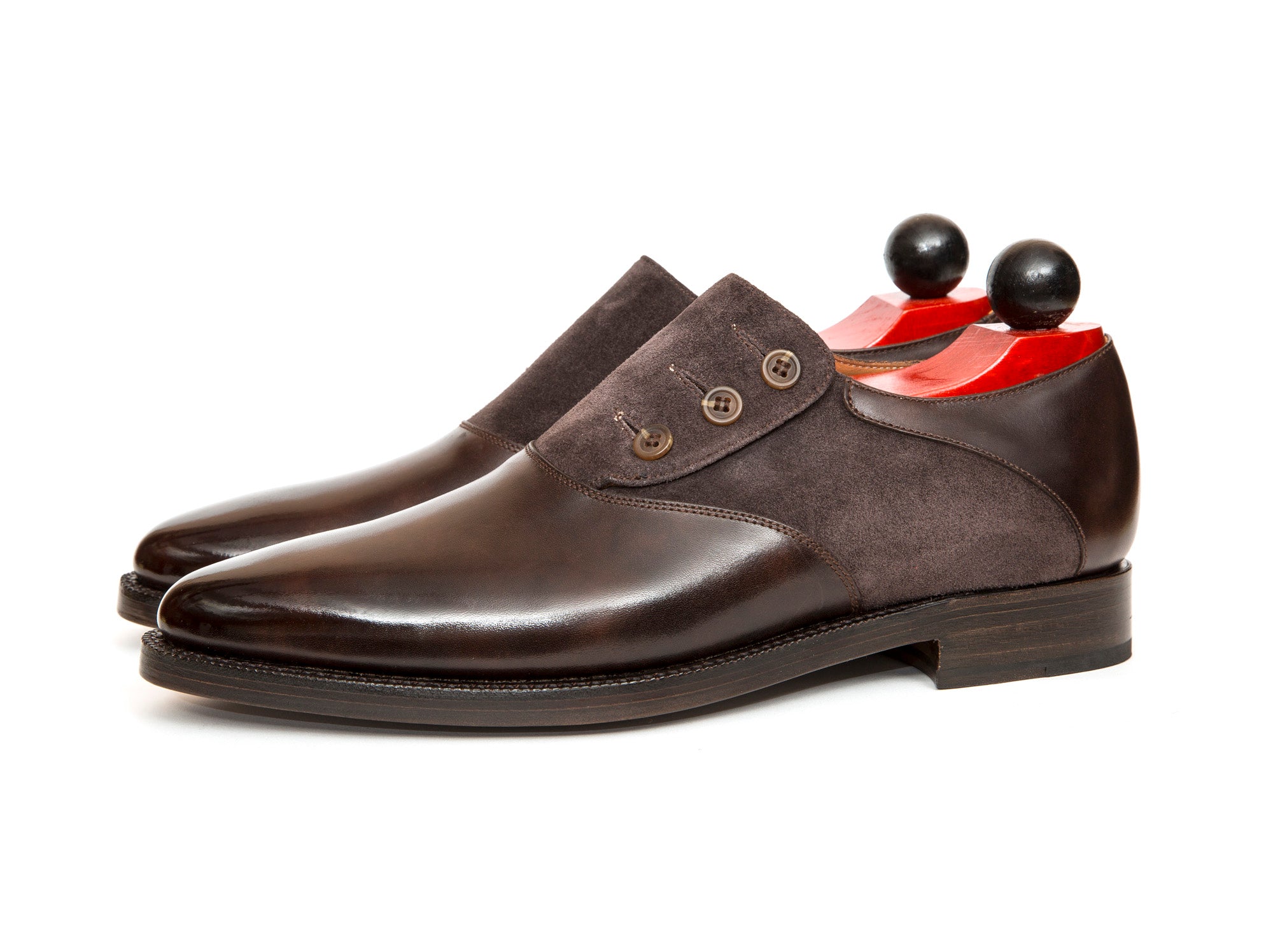 Aurora - MTO - Dark Brown Museum Calf / Dark Brown Suede - JKF Last - Double Leather Sole-Made To Order Button Shoe Plain Toe-J.FitzPatrick Footwear