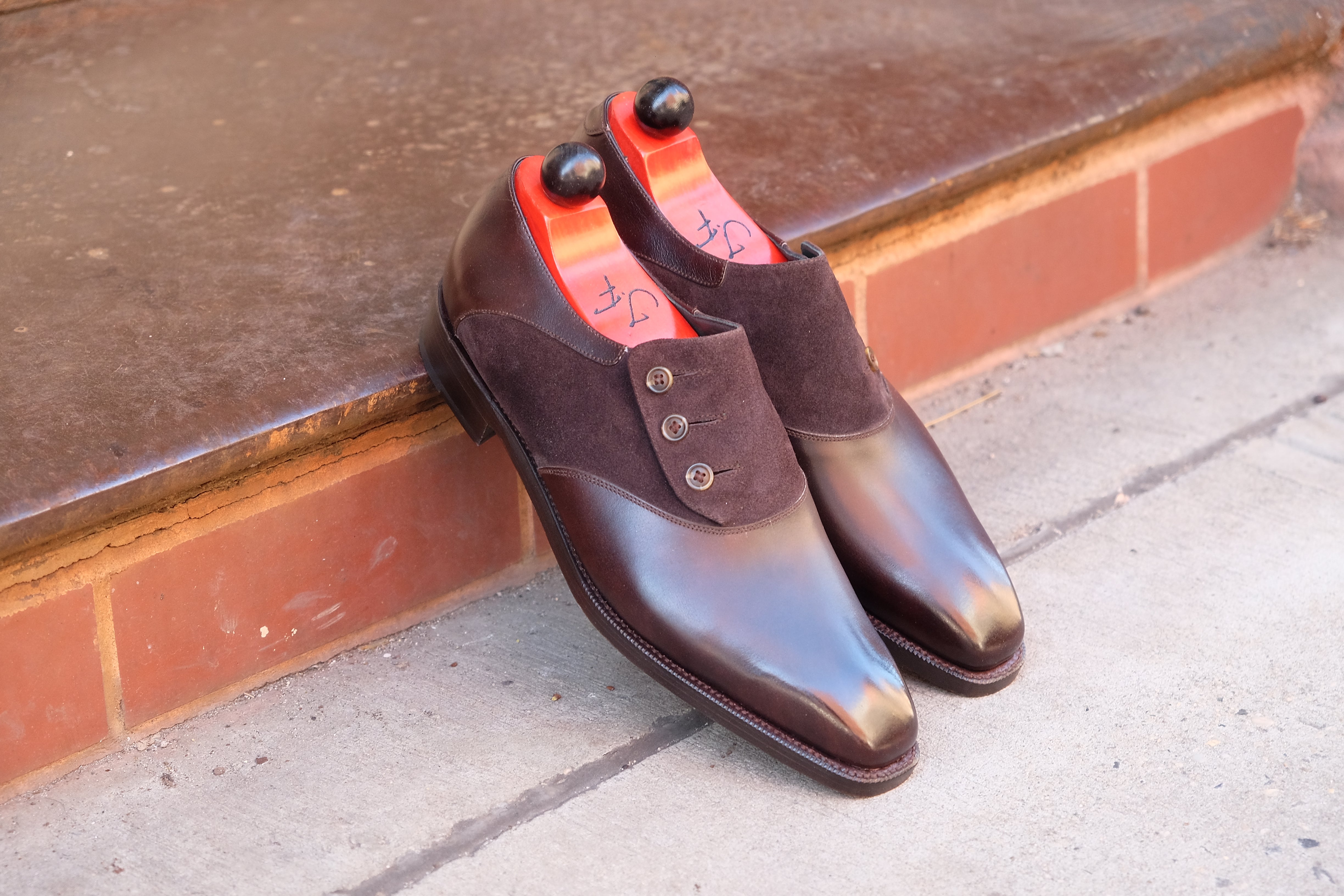Aurora - MTO - Dark Brown Museum Calf / Dark Brown Suede - MGF Last - Double Leather Sole-Made To Order Button Shoe Plain Toe-J.FitzPatrick Footwear